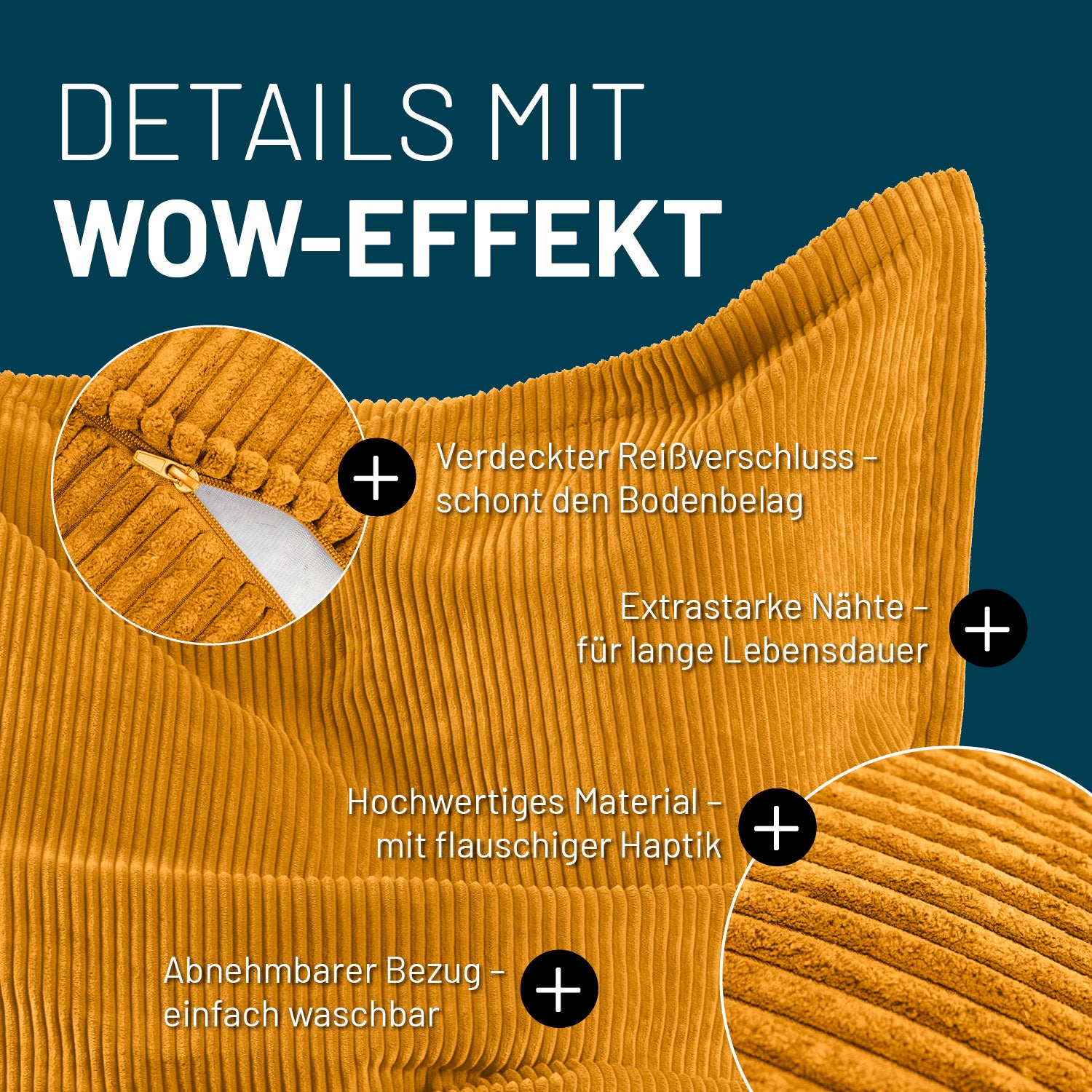 Senfgelber Cord-Sitzsack im Detail mit Informationen zu "Verdeckter Reißverschluss", "Extrastarke Nähte" und "Waschbarer Bezug".