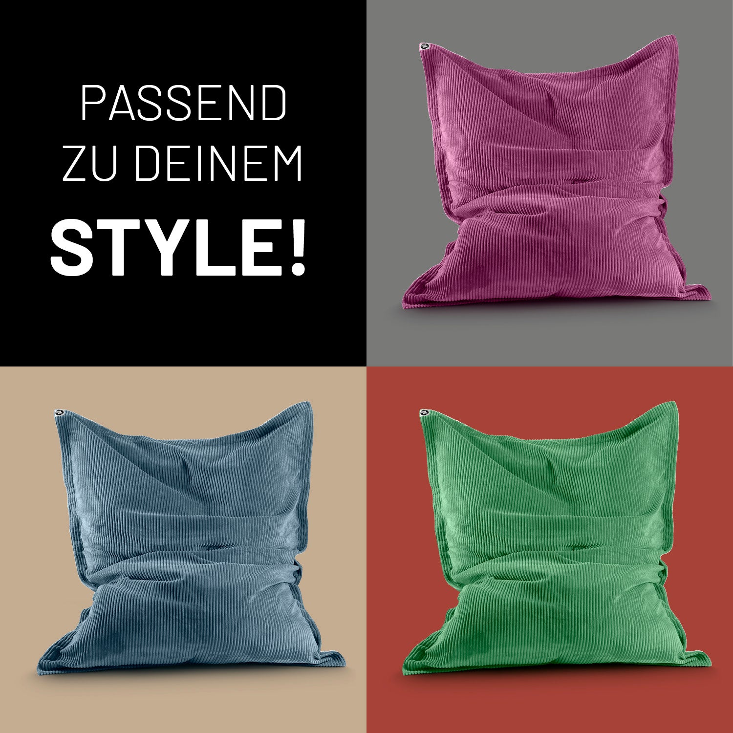 Drei verschiedene Farben des LUMALAND XXL Sitzsack aus der Cord-Reihe vor Kontrastfarben in Kacheln - Passend zu deinem Style!