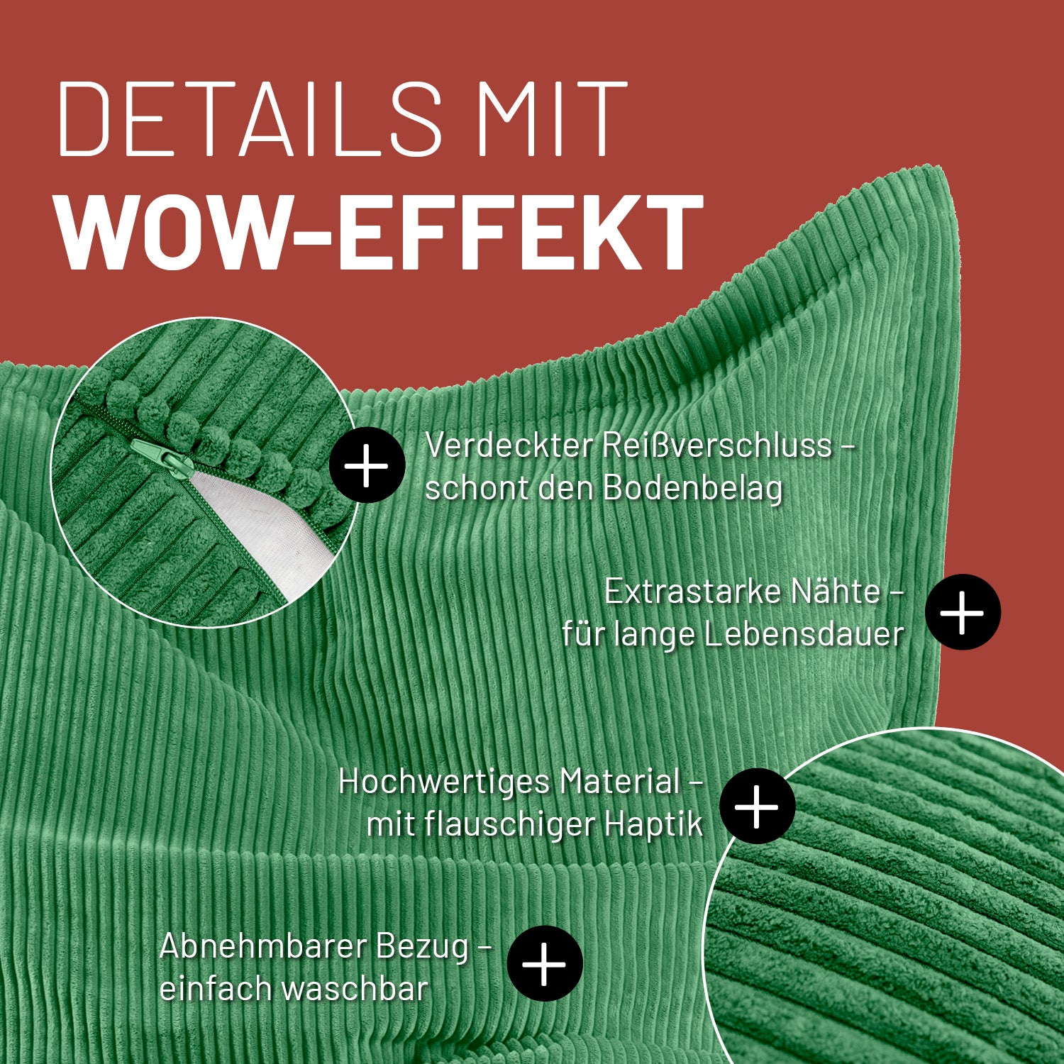 Grüner Cord-Sitzsack im Detail mit Informationen zu "Verdeckter Reißverschluss", "Extrastarke Nähte" und "Waschbarer Bezug".