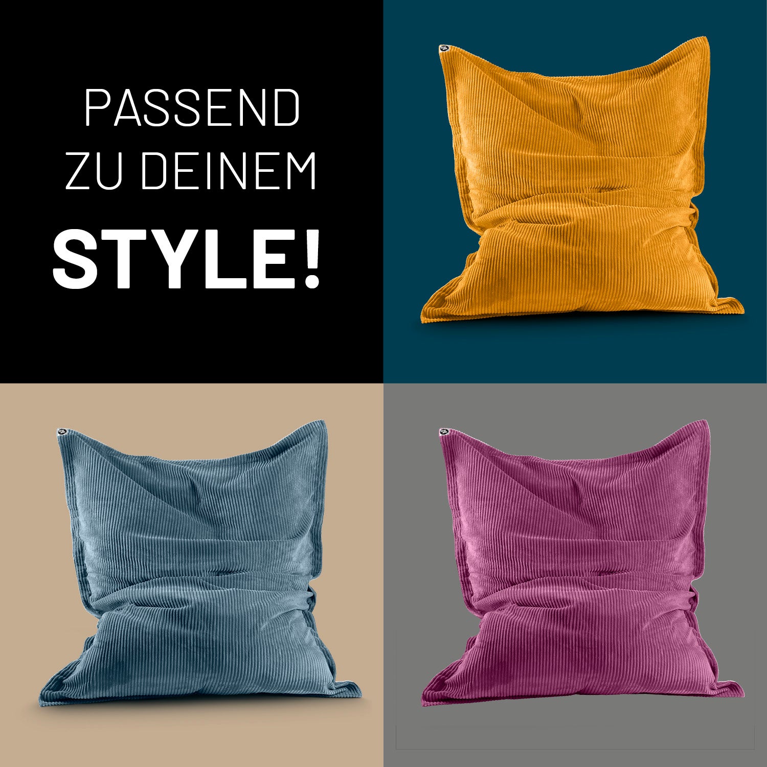 Drei verschiedene Farben des LUMALAND XXL Sitzsack aus der Cord-Reihe vor Kontrastfarben in Kacheln - Passend zu deinem Style!