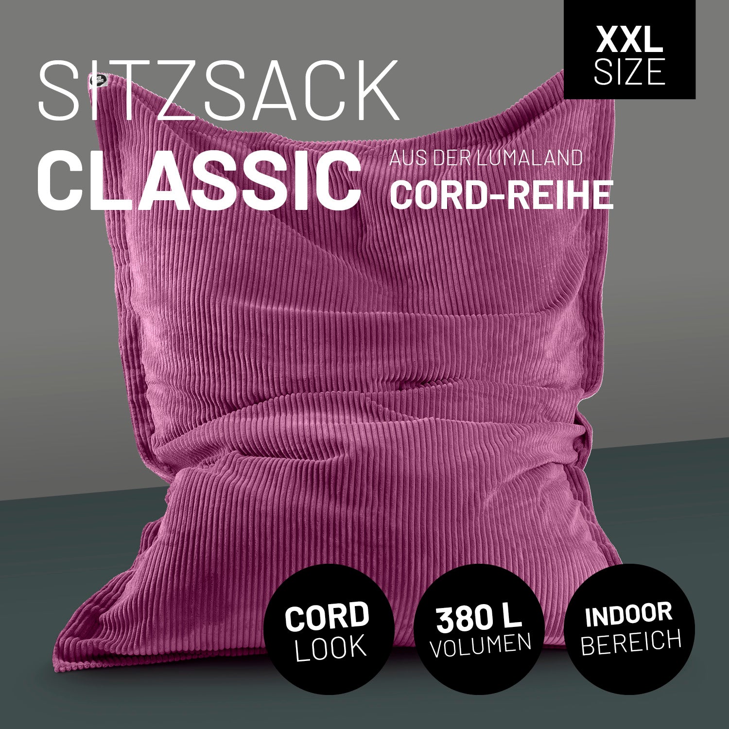 XXL Sitzsack Cord in Weinrot mit Icons "XXL Size", "Cord Look", "380 L Volumen" und "Indoor Bereich".