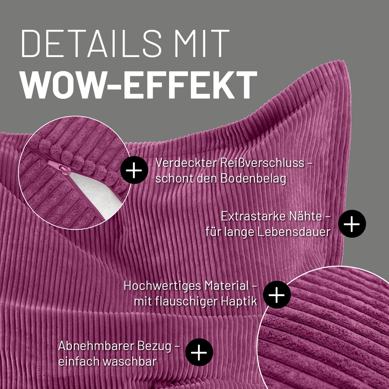 Weinroter Cord-Sitzsack im Detail mit Informationen zu "Verdeckter Reißverschluss", "Extrastarke Nähte" und "Waschbarer Bezug".