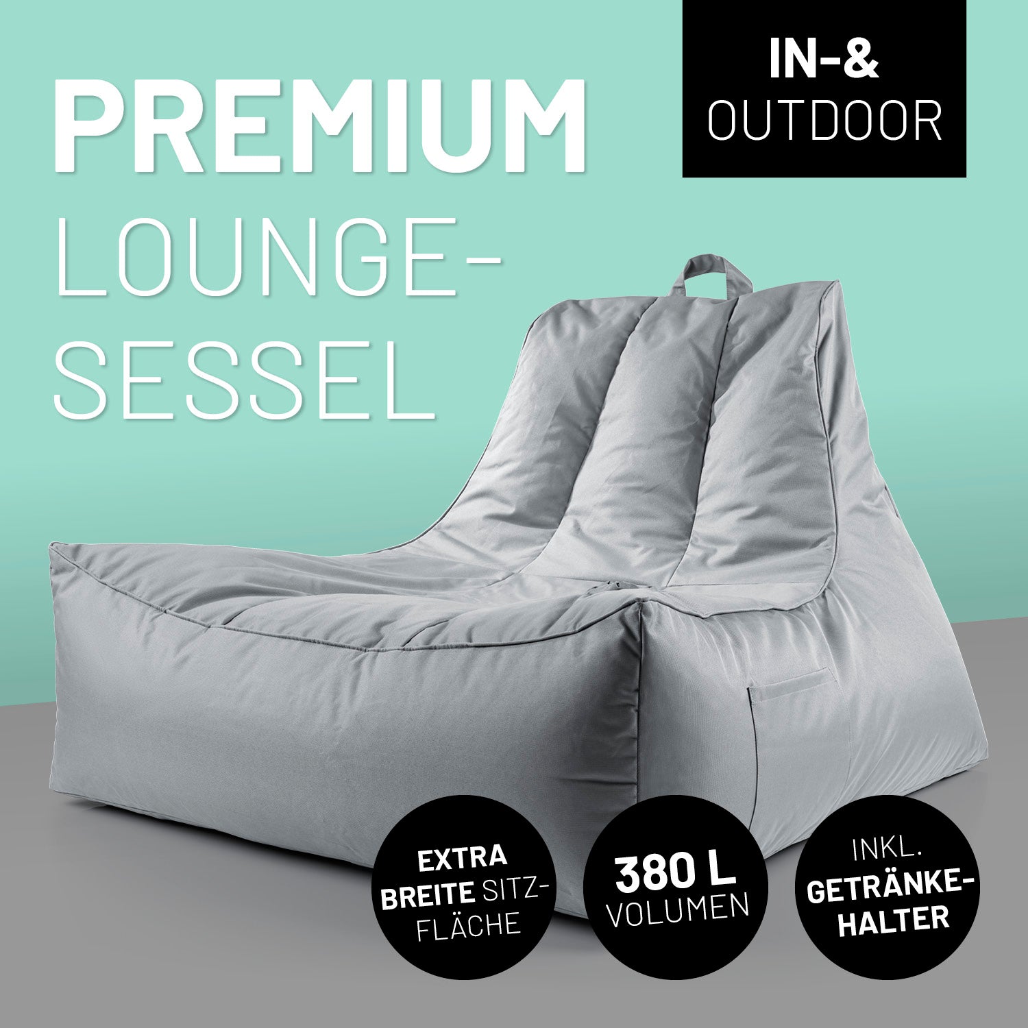Premium Lounge-Sessel in Grau vor Kontrastfarben mit Icons "In- & Outdoor", "Extra Breite Sitz-Fläche", "380 L Volumen" und "Inkl. Getränkehalter".