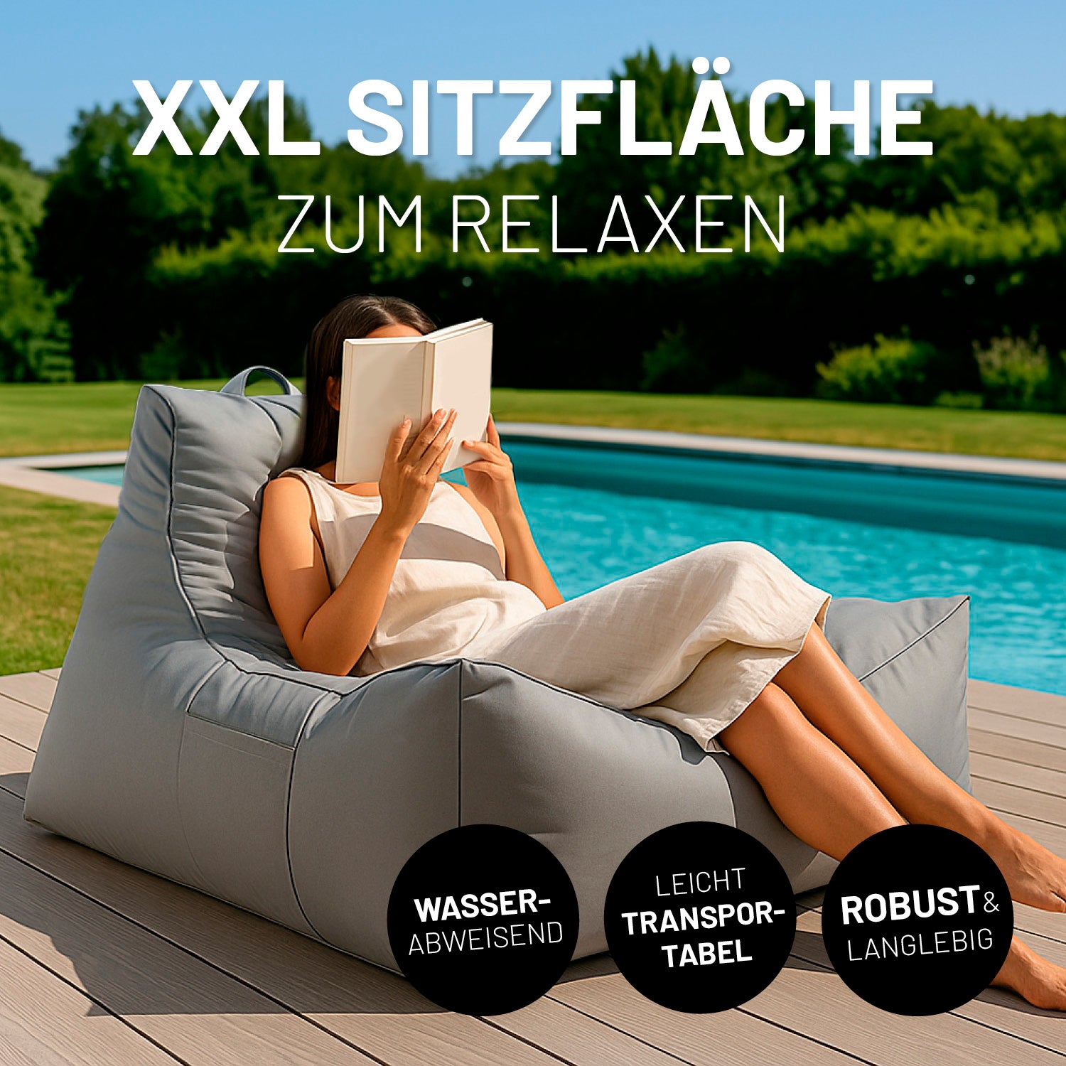 Eine Frau sitzt im Premium Lounge-Sessel an einem Pool und ließt ein Buch, Icons "Wasserabweisend", "Leicht Transportabel" und "Robust & Langlebig".