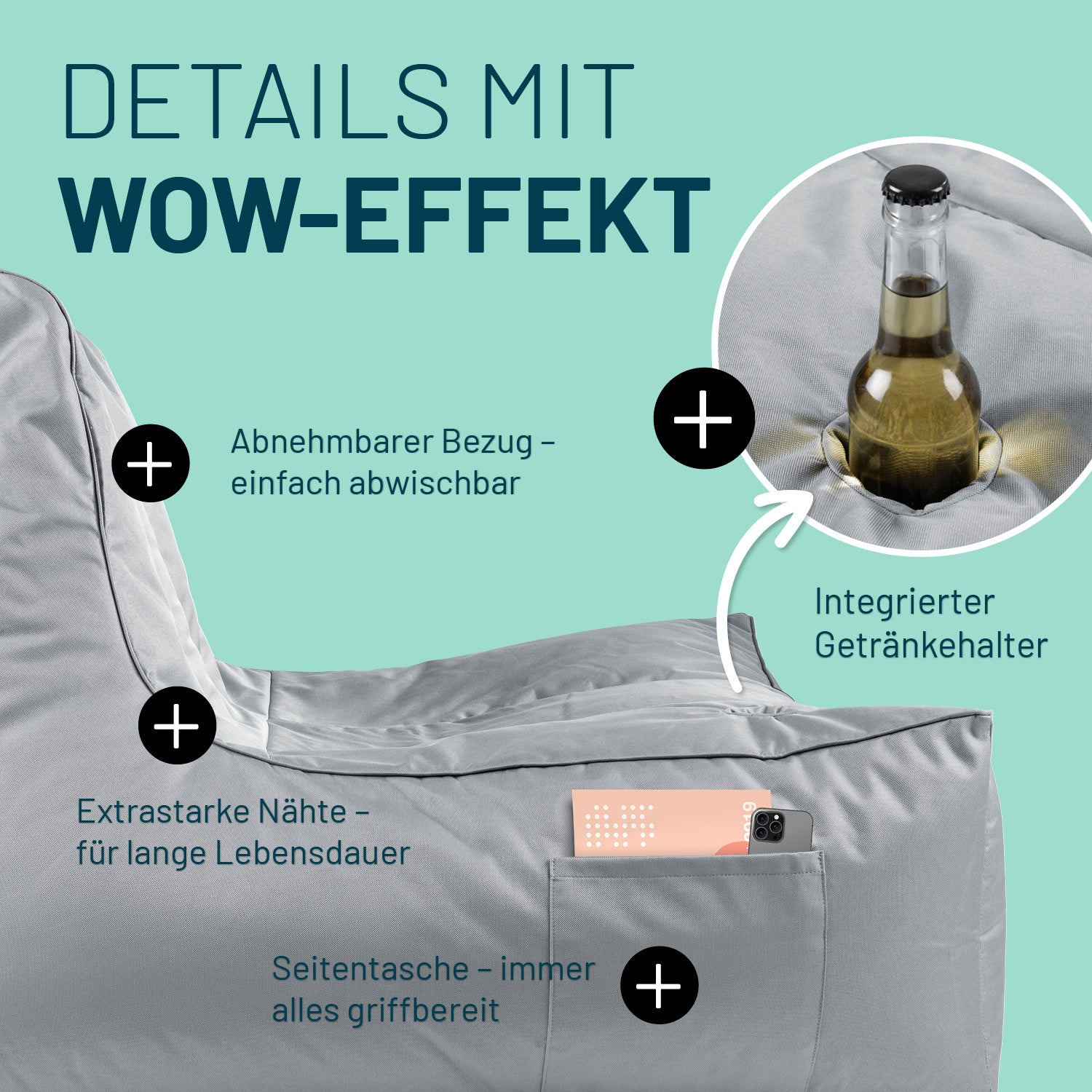 Grauer Premium Lounge-Sessel im Detail mit Icons "Abnehmbarer Bezug", "Integrierter Getränkehalter", "Extrastarke Nähte" und "Seitentasche".