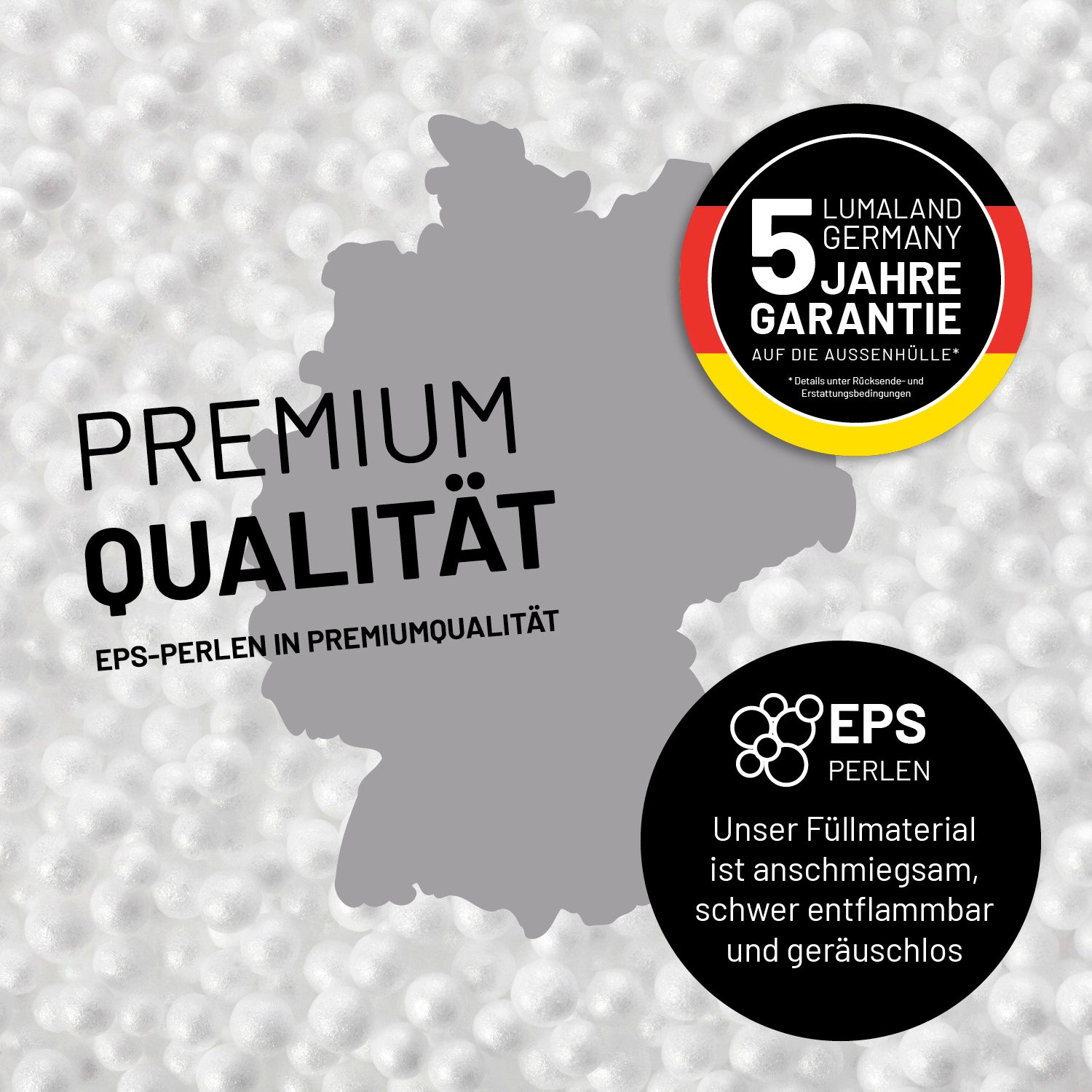 Umrisse der Deutschland-Karte mit Hinweis auf die EPS-Perlen und LUMALAND Germany 5 Jahre Garantie auf die Aussenhülle.