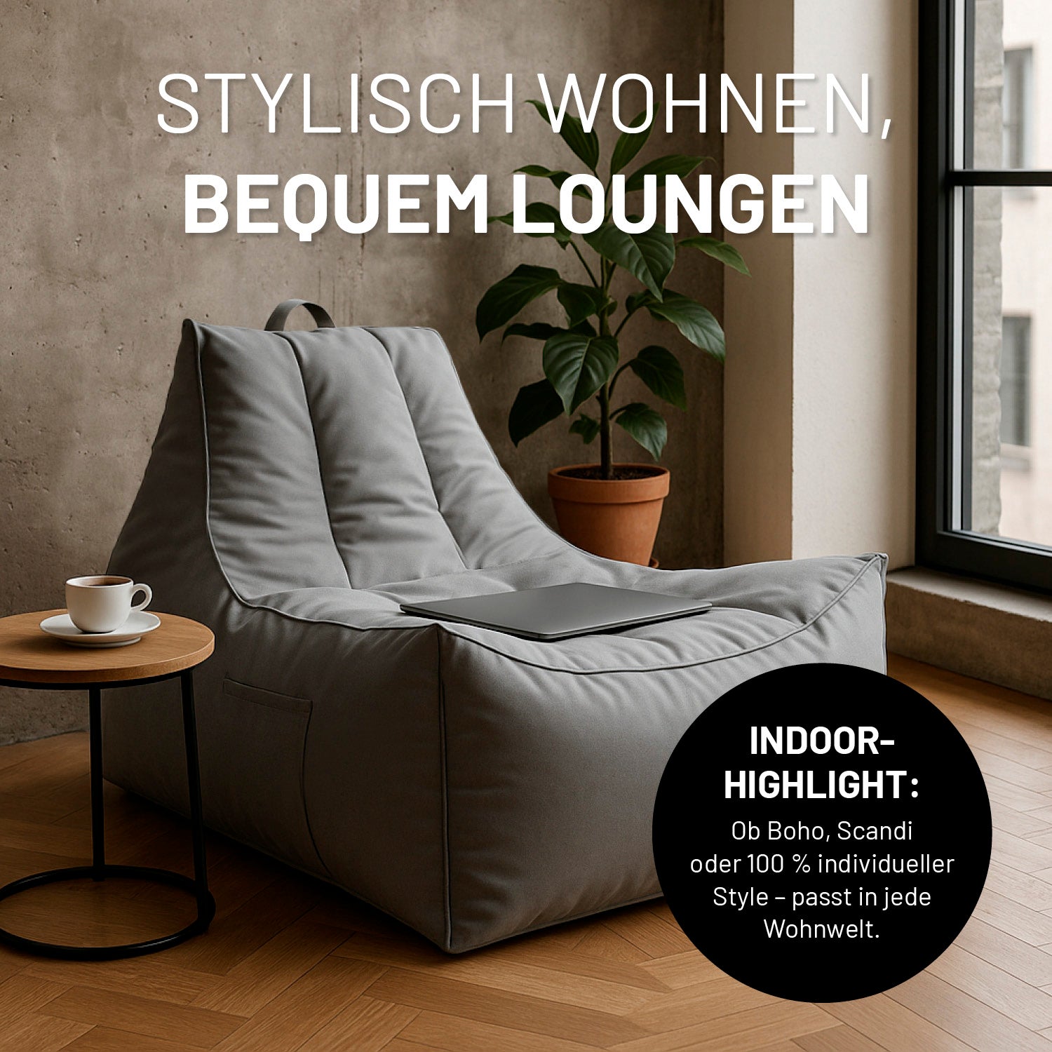 Grauer Premium Lounge-Chair in einem Industrial-Wohnzimmer, Icon "Indooor-Highlight - Passt in jede Wohnwelt (Boho, Scandi, Individuell, etc.)".