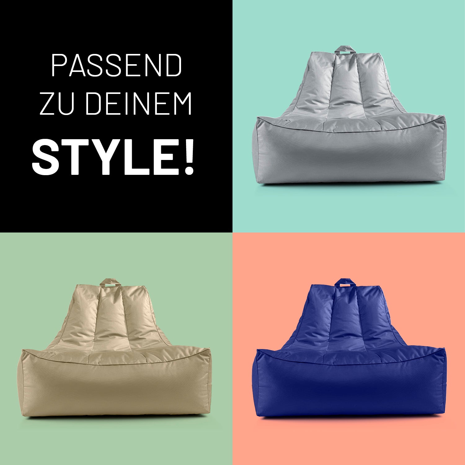 Drei verschiedene Farben des Premium Lounge-Sessels vor Kontrastfarben in Kacheln - Passend zu deinem Style.