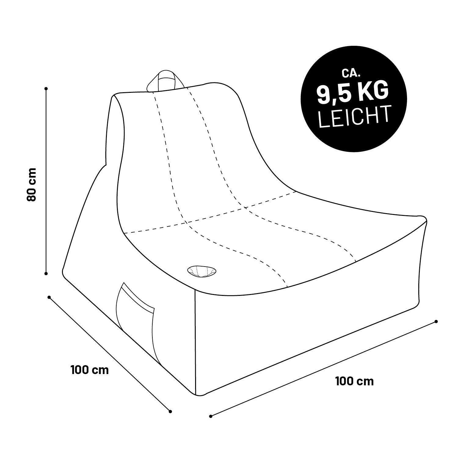 Illustration des XXL Sitzsackes mit Maßangaben (100 x 100 x 80 cm) und Gewichtsangabe (9,5 kg).