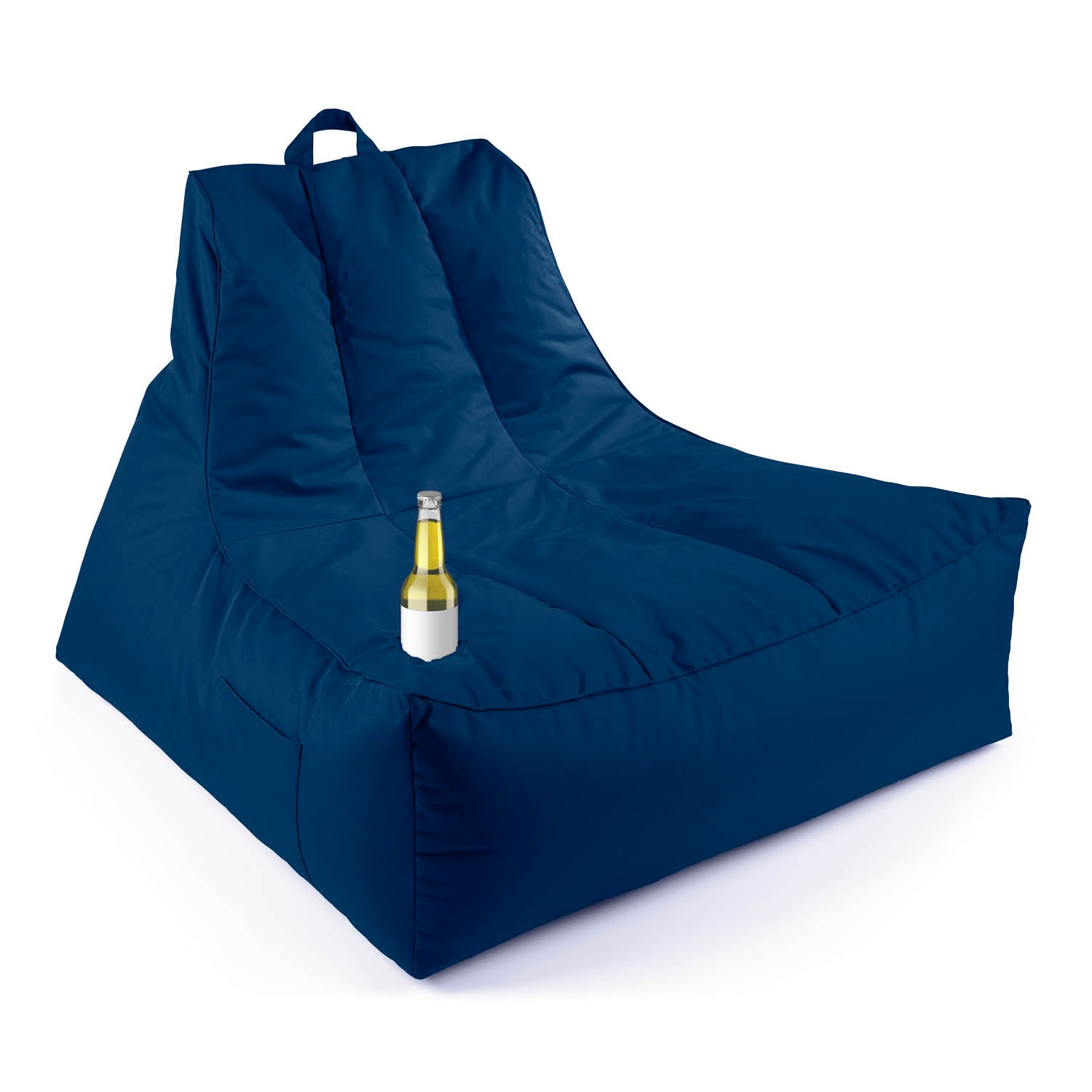 LUMALAND Premium Lounge-Sessel in Navyblau mit Getränkehalter vor weißem Hintergrund.