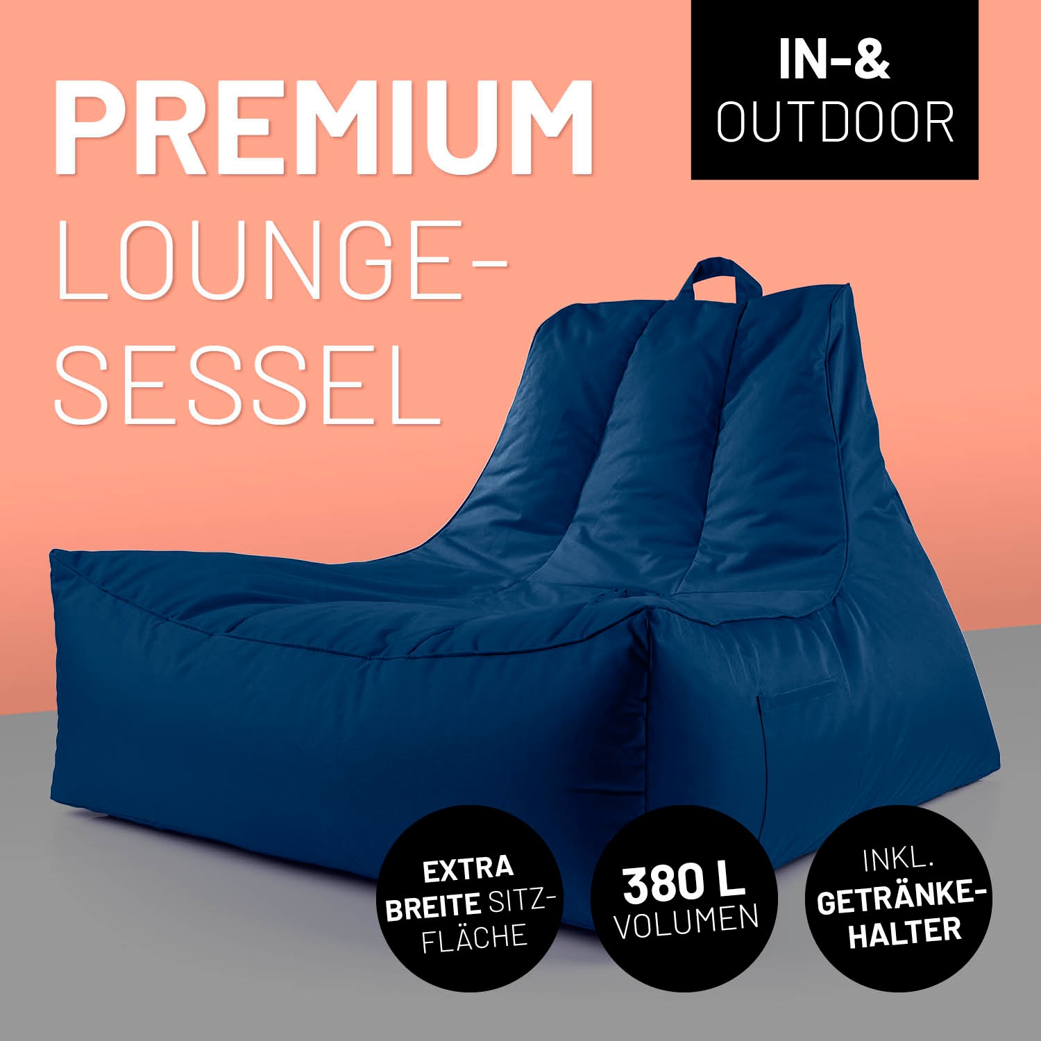 Premium Lounge-Sessel in Navyblau vor Kontrastfarben mit Icons "In- & Outdoor", "Extra Breite Sitz-Fläche", "380 L Volumen" und "Inkl. Getränkehalter".