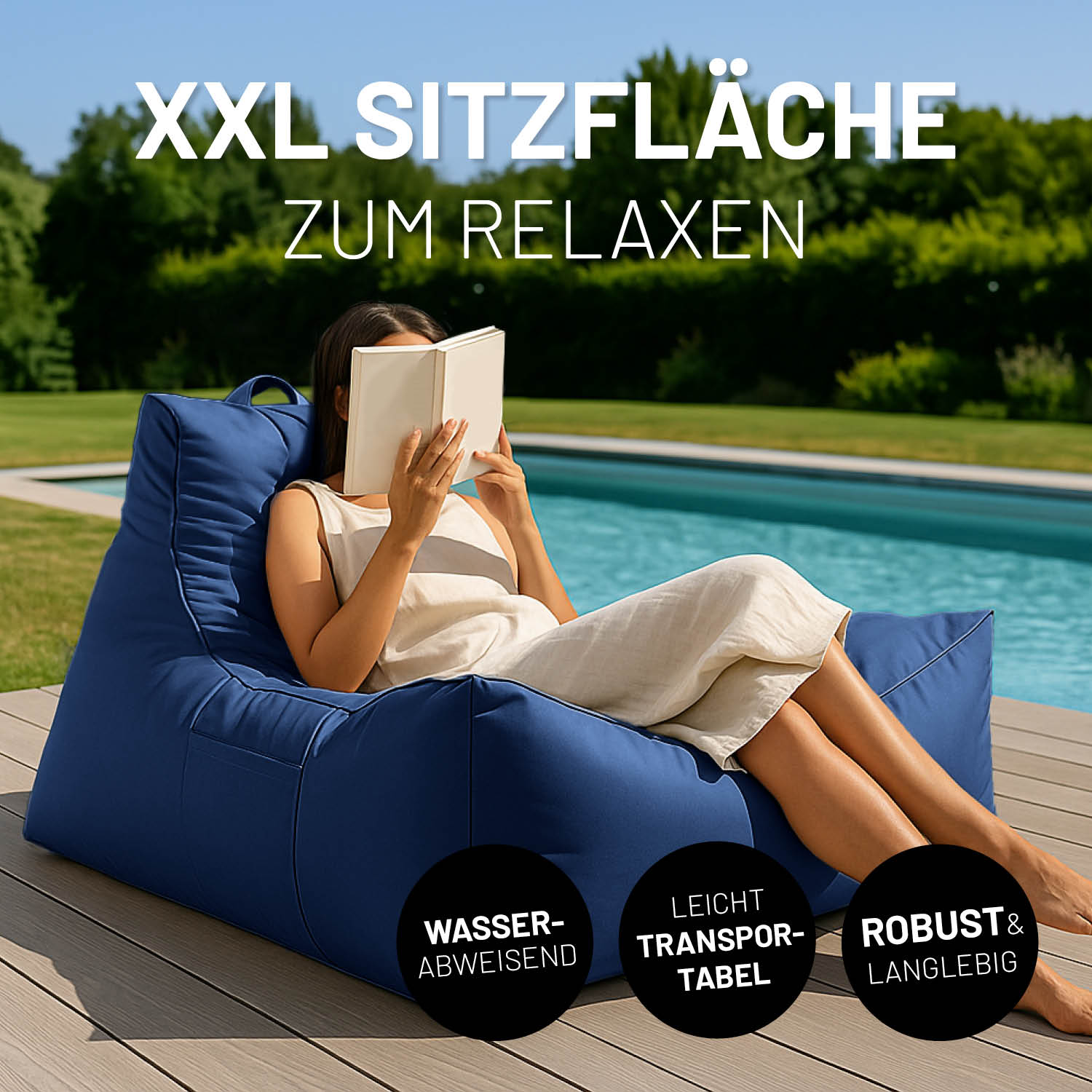 Eine Frau sitzt im Premium Lounge-Sessel an einem Pool und ließt ein Buch, Icons "Wasserabweisend", "Leicht Transportabel" und "Robust & Langlebig".