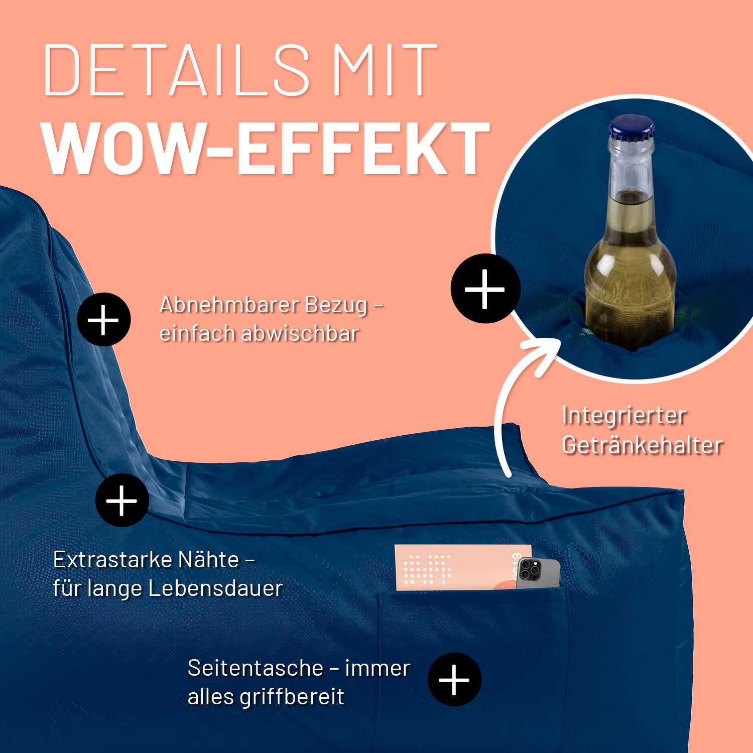 Navyblauer Premium Lounge-Sessel im Detail mit Icons "Abnehmbarer Bezug", "Integrierter Getränkehalter", "Extrastarke Nähte" und "Seitentasche".