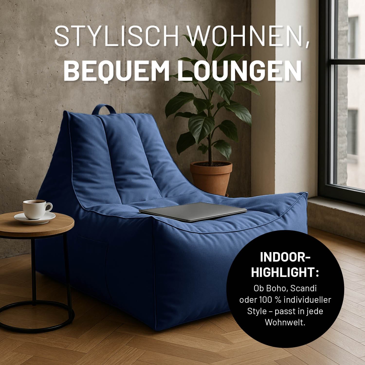 Navy Premium Lounge-Chair in einem Industrial-Wohnzimmer, Icon "Indooor-Highlight - Passt in jede Wohnwelt (Boho, Scandi, Individuell, etc.)".