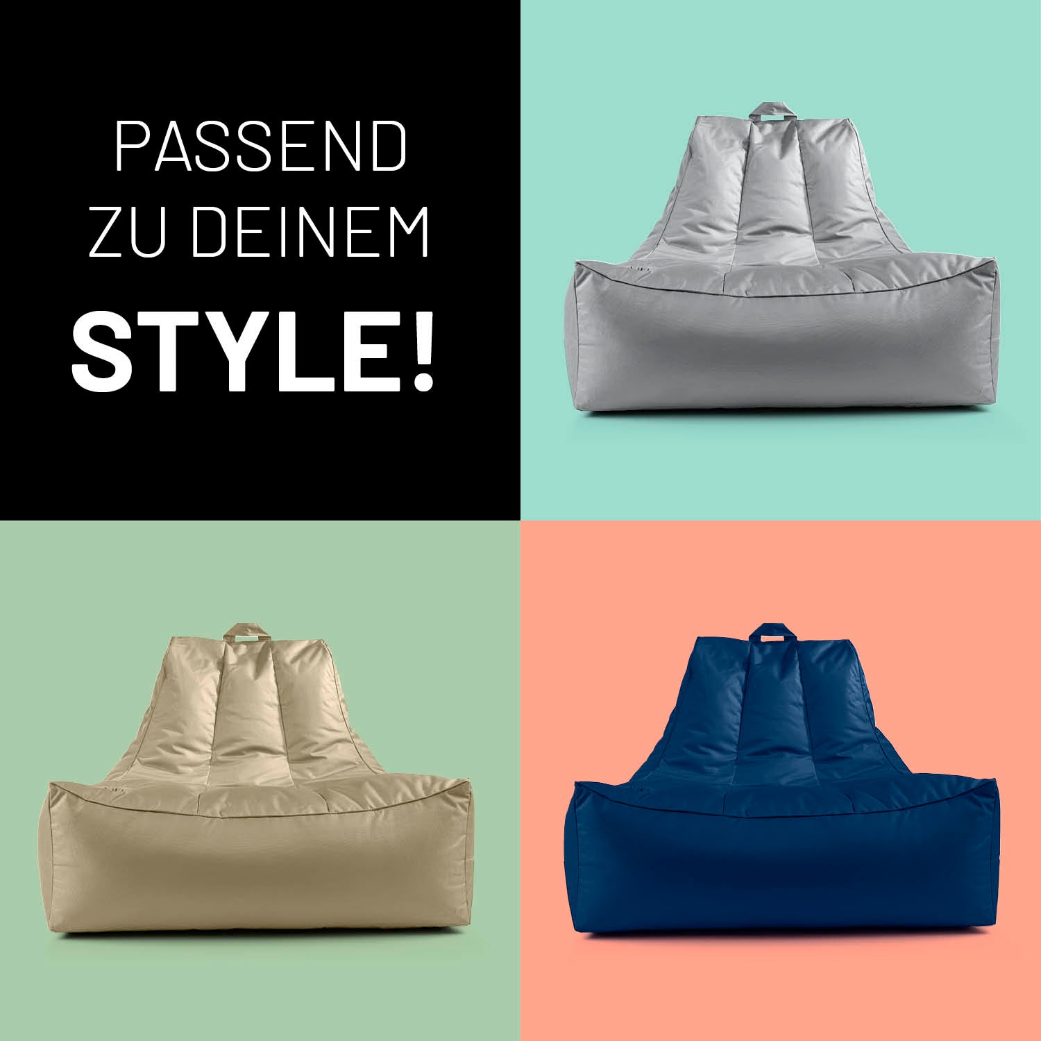 Drei verschiedene Farben des Premium Lounge-Sessels vor Kontrastfarben in Kacheln - Passend zu deinem Style.