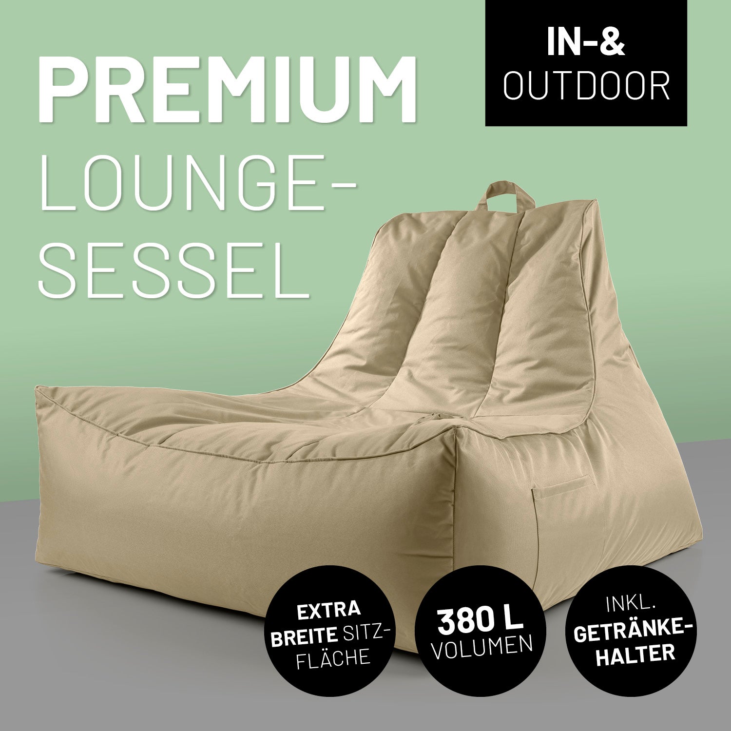 Premium Lounge-Sessel in Beige vor Kontrastfarben mit Icons "In- & Outdoor", "Extra Breite Sitz-Fläche", "380 L Volumen" und "Inkl. Getränkehalter".