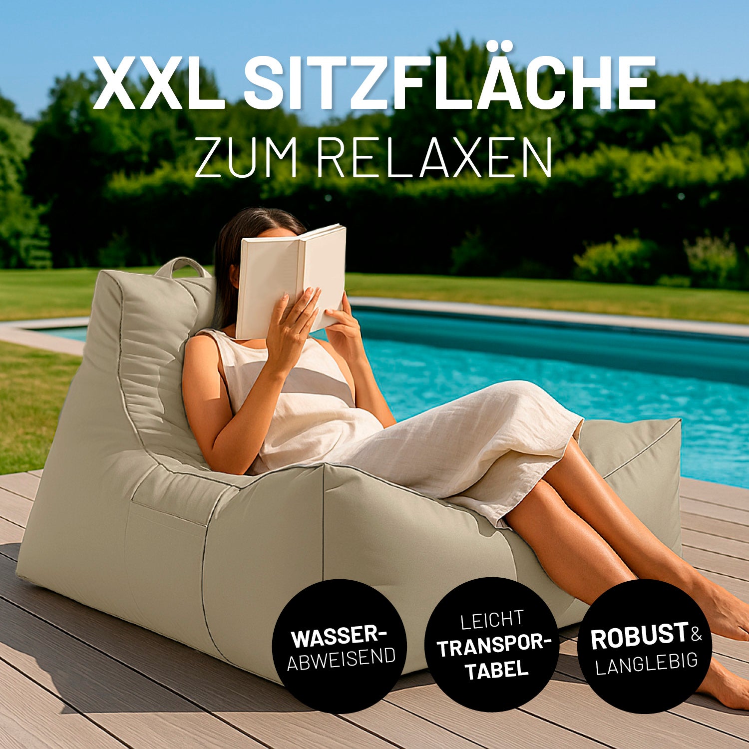 Eine Frau sitzt im Premium Lounge-Sessel an einem Pool und ließt ein Buch, Icons "Wasserabweisend", "Leicht Transportabel" und "Robust & Langlebig".