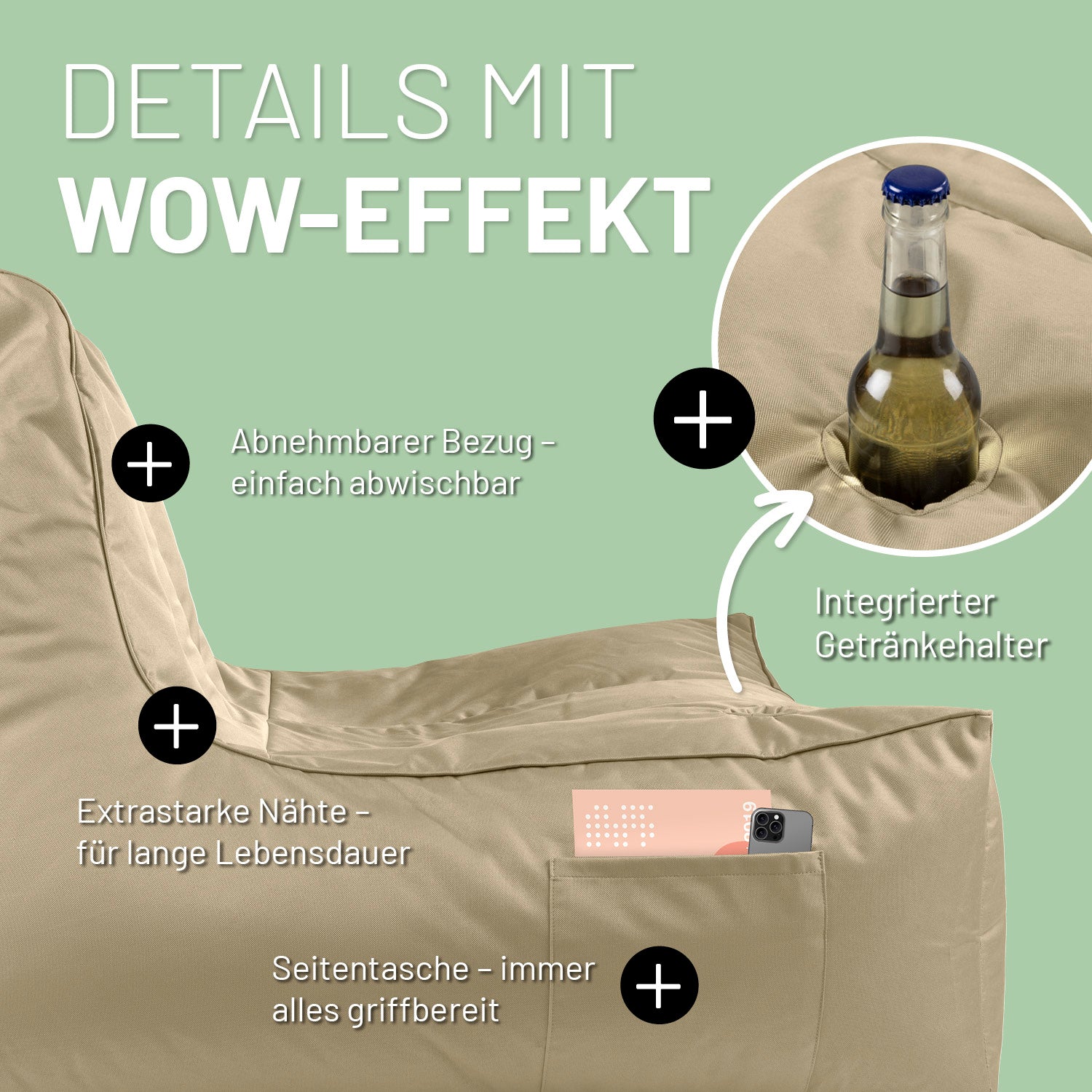 Beiger Premium Lounge-Sessel im Detail mit Icons "Abnehmbarer Bezug", "Integrierter Getränkehalter", "Extrastarke Nähte" und "Seitentasche".