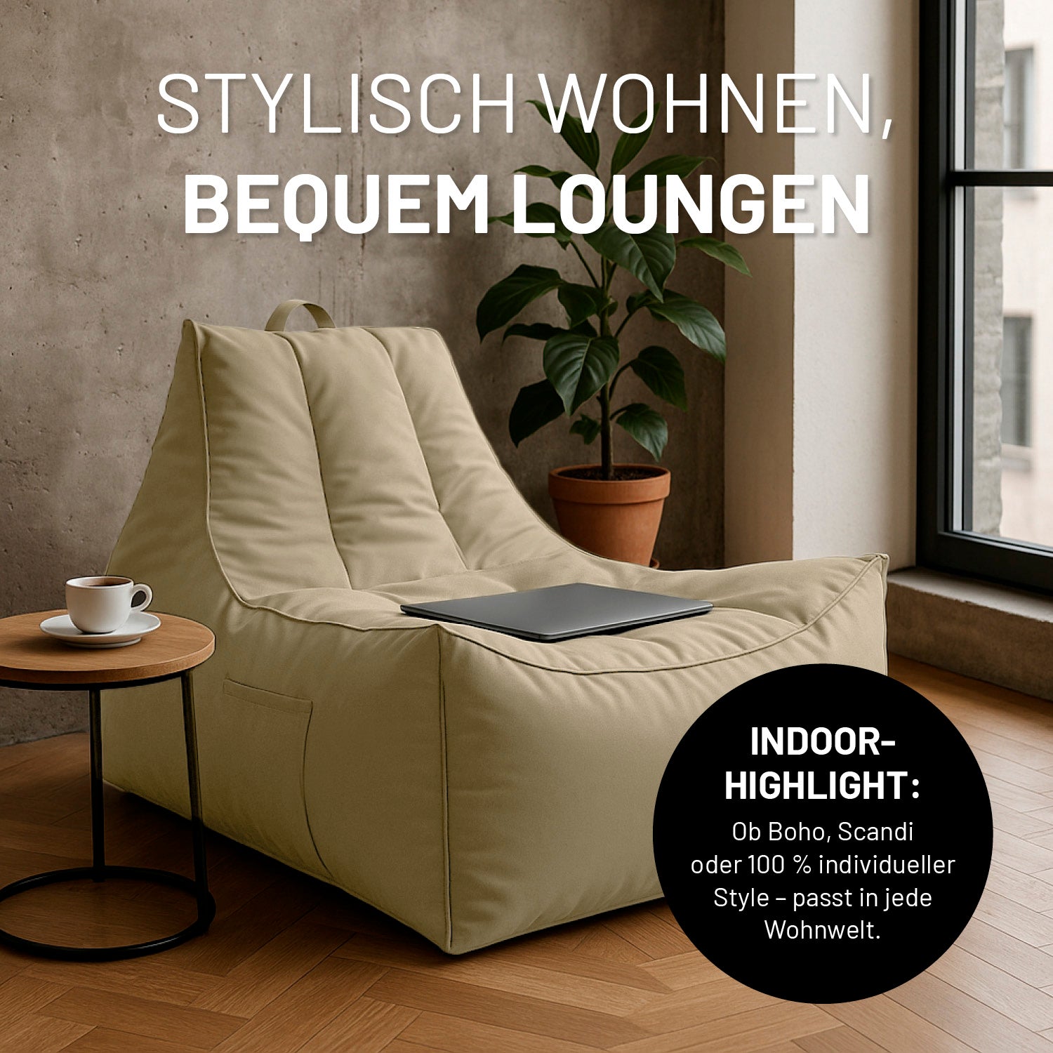 Beiger Premium Lounge-Chair in einem Industrial-Wohnzimmer, Icon "Indooor-Highlight - Passt in jede Wohnwelt (Boho, Scandi, Individuell, etc.)".