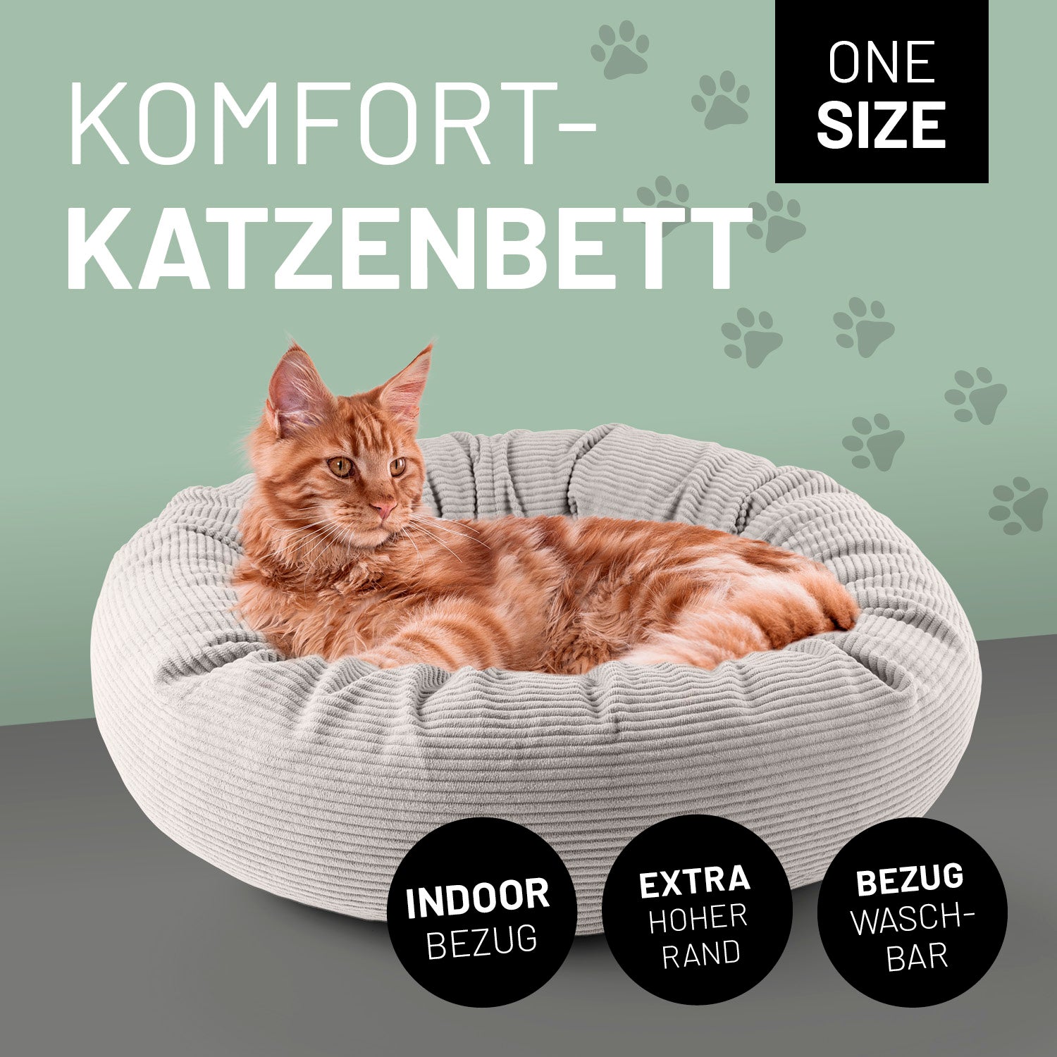 Eine rote Katze iegt im beigen Komfort-Katzenbett. Icon "Indoor Bezug", "Extrahoher Rand" und "Bezug waschbar".