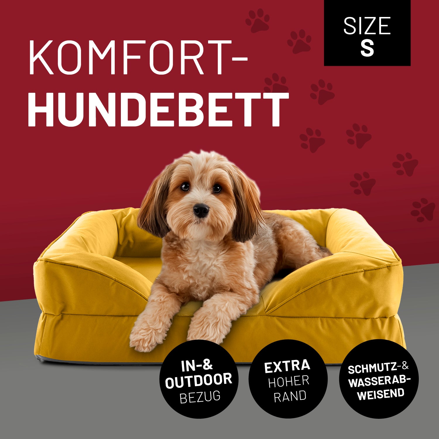 Ein kleiner Hund liegt im senfgelben Komfort-Hundebett Größe S. Icon "In- & Outdoor Bezug", "Extrahoher Rand" und "Schmutz- & Wasserabweisend".