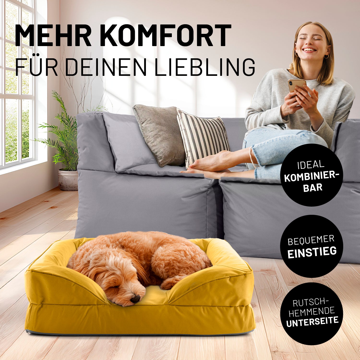 Frau sitzt entspannt auf grauen Modularen System, während der Hund im senfgelben Hundebett liegt. Icons "Ideal kombinierbar", "Bequemer Einstieg" und "Rutschhemmende Unterseite".