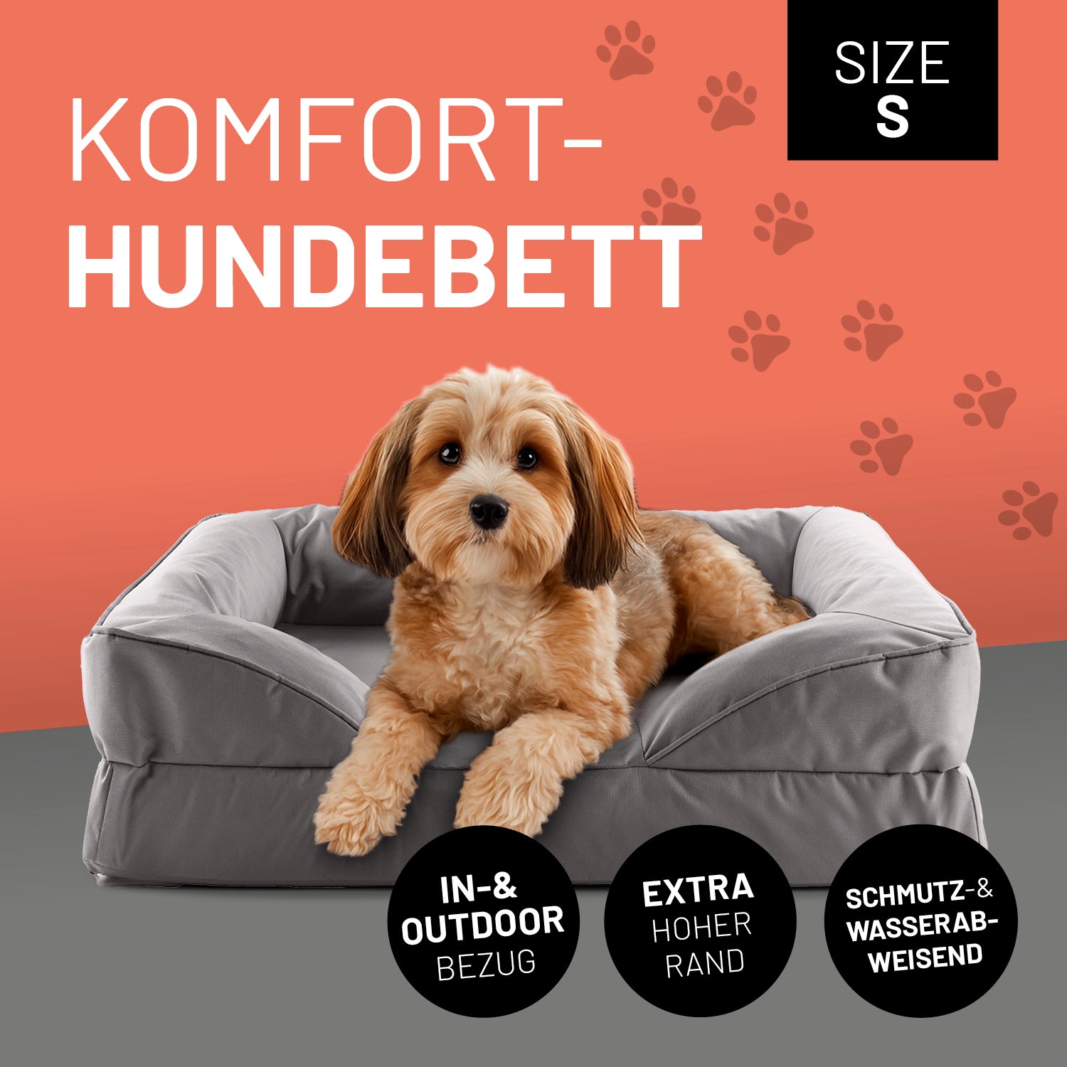 Ein kleiner Hund liegt im grauen Komfort-Hundebett Größe S. Icon "In- & Outdoor Bezug", "Extrahoher Rand" und "Schmutz- & Wasserabweisend".