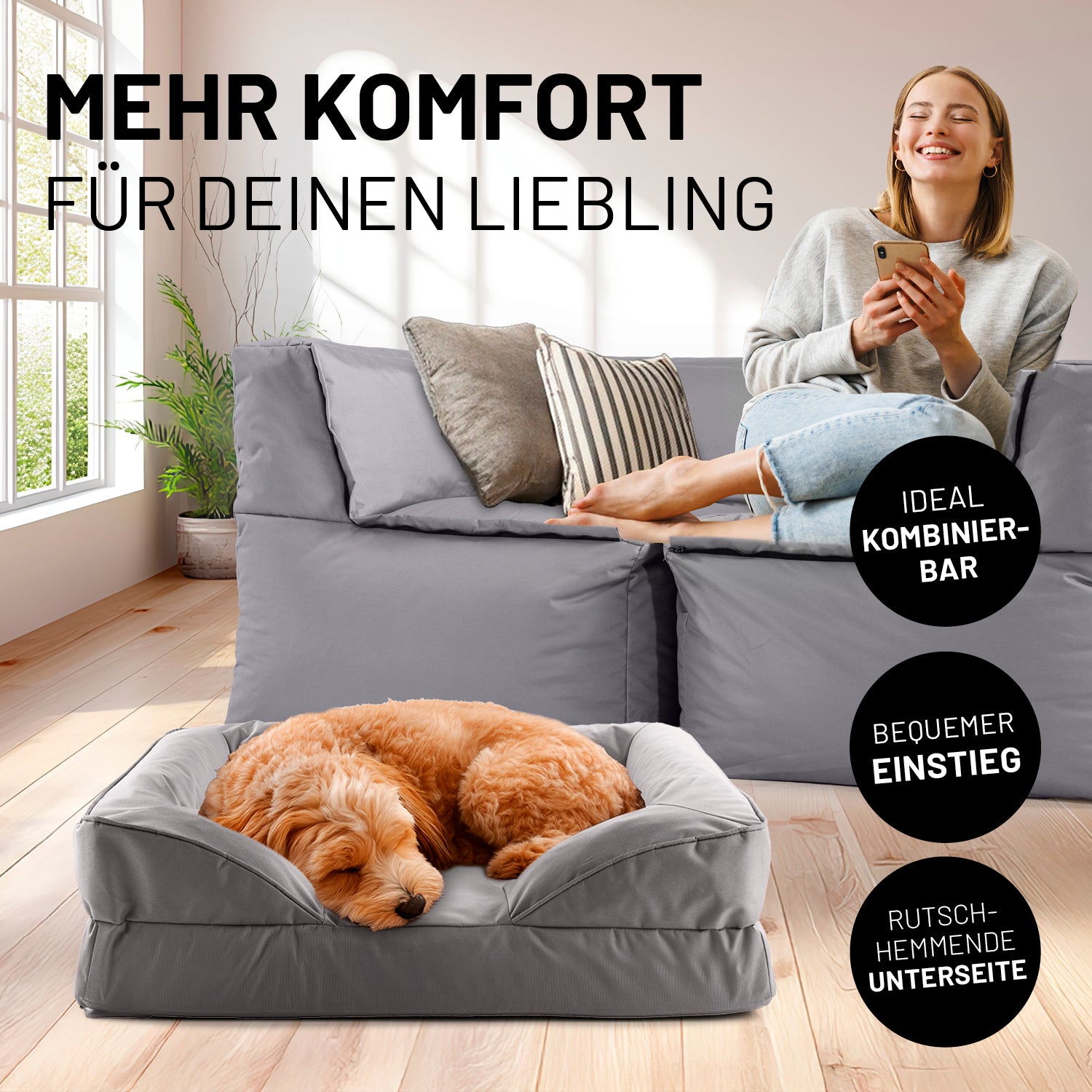 Frau sitzt entspannt auf grauen Modularen System, während der Hund im passenden grauen Hundebett liegt. Icons "Ideal kombinierbar", "Bequemer Einstieg" und "Rutschhemmende Unterseite".