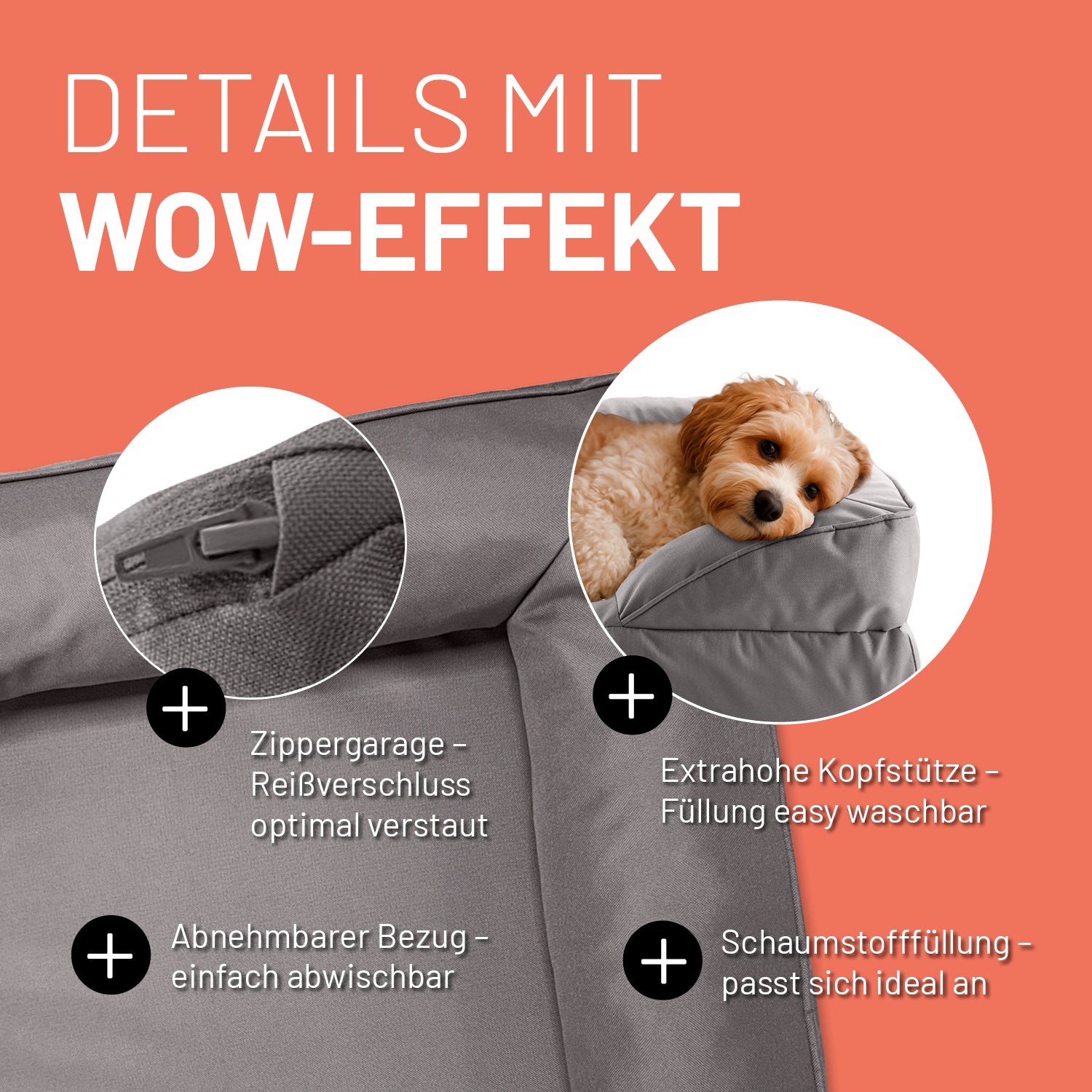Detailaufnahme des grauen Hundebetts mit Outdoor-Bezug. Info zu "Zippergarage", "abnehmbarer Bezug", "extra hoher Kopfstütze" und "anpassungsfähiger Schaumstofffüllung".