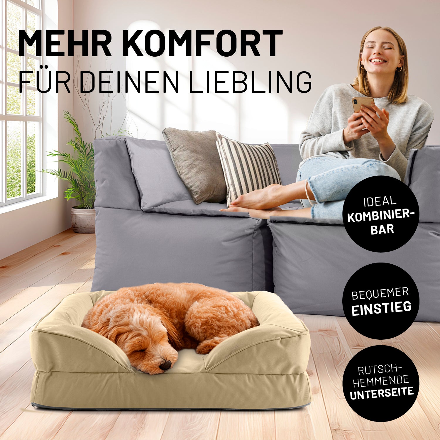 Frau sitzt entspannt auf grauen Modularen System, während der Hund im beigen Hundebett liegt. Icons "Ideal kombinierbar", "Bequemer Einstieg" und "Rutschhemmende Unterseite".