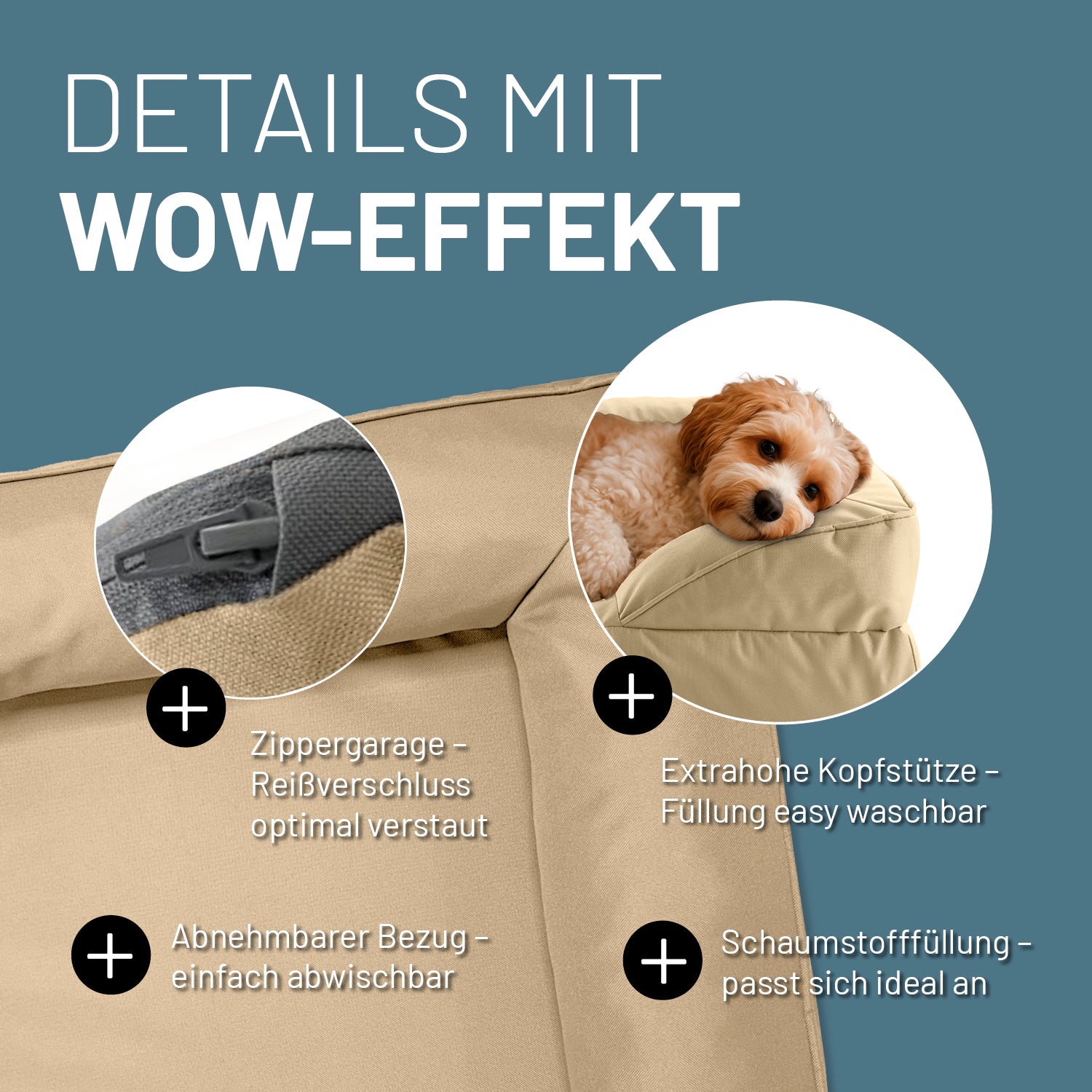 Detailaufnahme des beigen Hundebetts mit Outdoor-Bezug. Info zu "Zippergarage", "abnehmbarer Bezug", "extra hoher Kopfstütze" und "anpassungsfähiger Schaumstofffüllung".