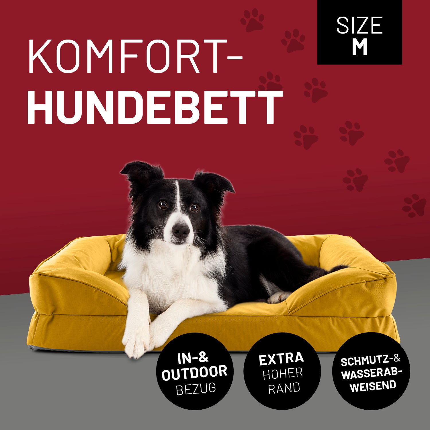 Ein Border Collie liegt im senfgelben Komfort-Hundebett Größe M. Icon "In- & Outdoor Bezug", "Extrahoher Rand" und "Schmutz- & Wasserabweisend".