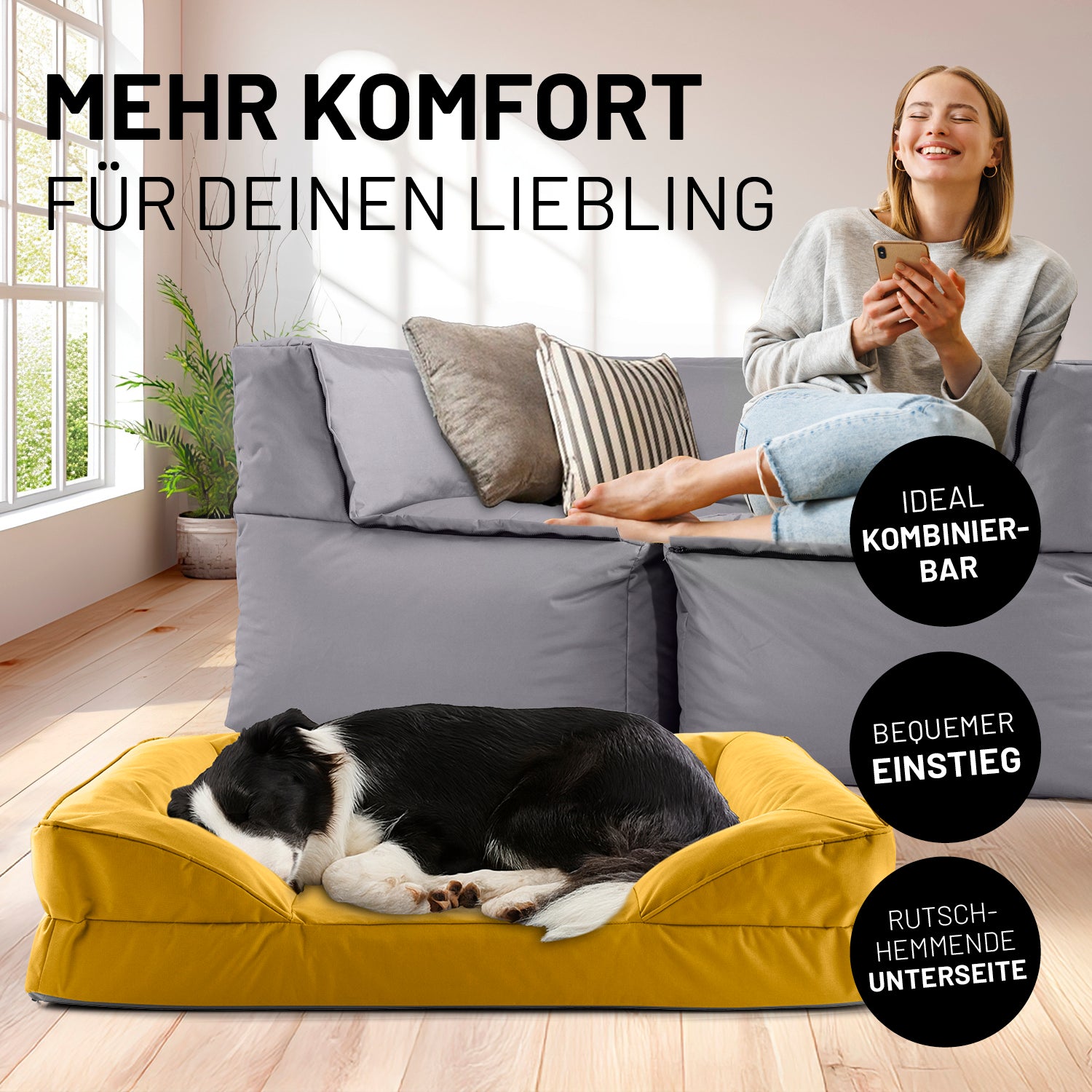 Frau sitzt entspannt auf grauen Modularen System, während der Hund im senfgelben Hundebett liegt. Icons "Ideal kombinierbar", "Bequemer Einstieg" und "Rutschhemmende Unterseite".