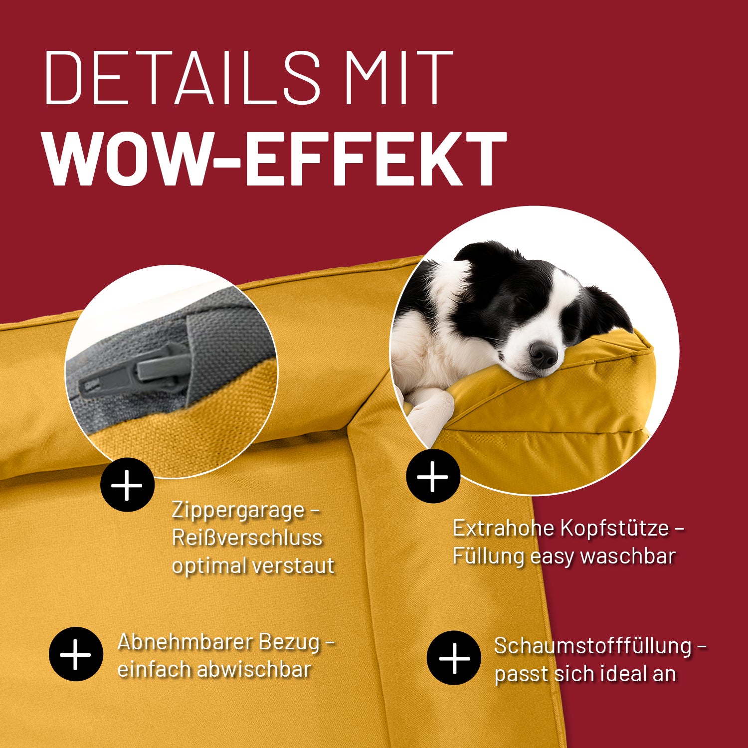 Detailaufnahme des senfgelben Hundebetts mit Outdoor-Bezug. Info zu "Zippergarage", "abnehmbarer Bezug", "extra hoher Kopfstütze" und "anpassungsfähiger Schaumstofffüllung".