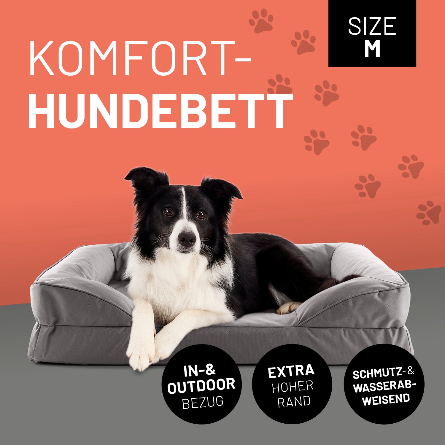Ein Border Collie liegt im grauen Komfort-Hundebett Größe M. Icon "In- & Outdoor Bezug", "Extrahoher Rand" und "Schmutz- & Wasserabweisend".
