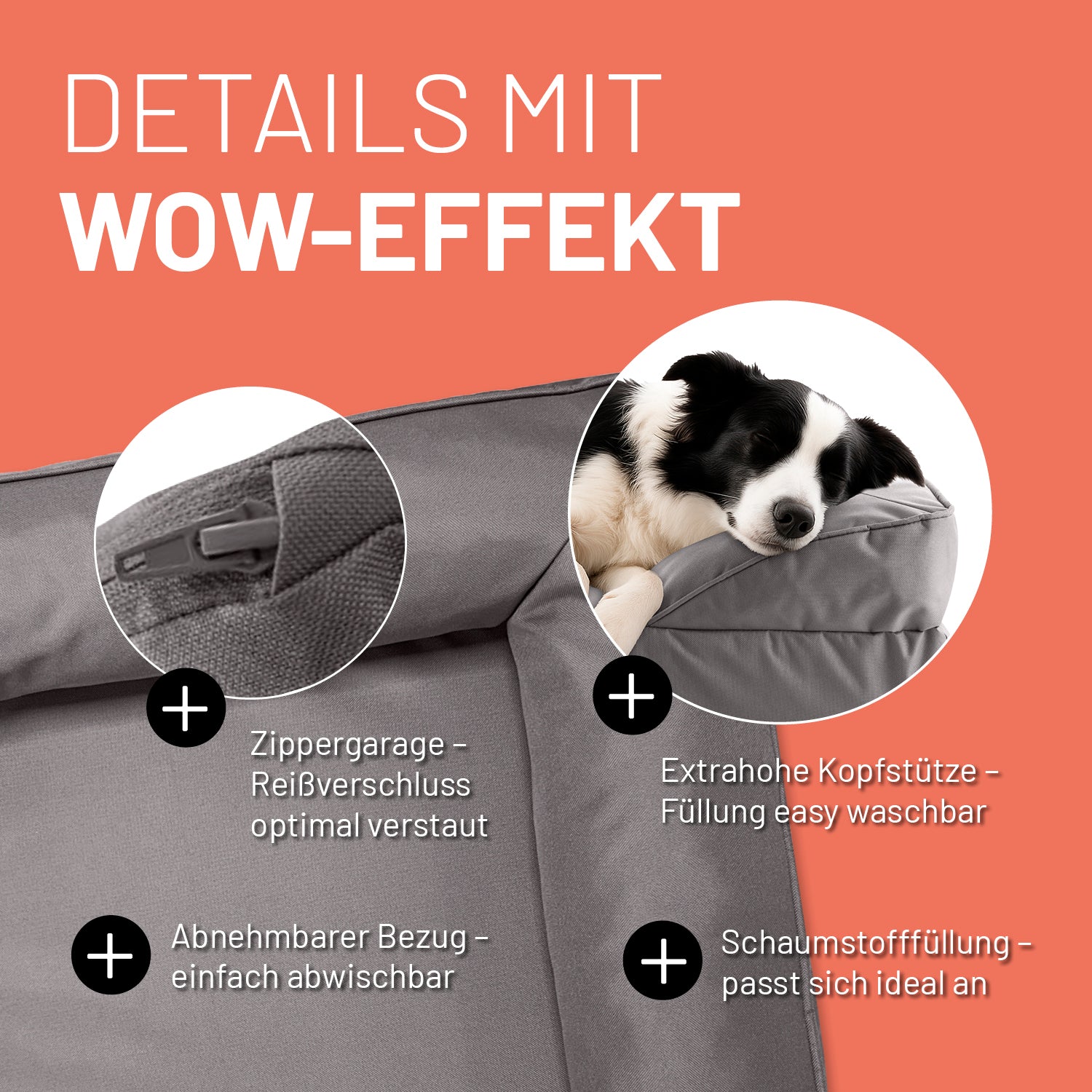 Detailaufnahme des grauen Hundebetts mit Outdoor-Bezug. Info zu "Zippergarage", "abnehmbarer Bezug", "extra hoher Kopfstütze" und "anpassungsfähiger Schaumstofffüllung".