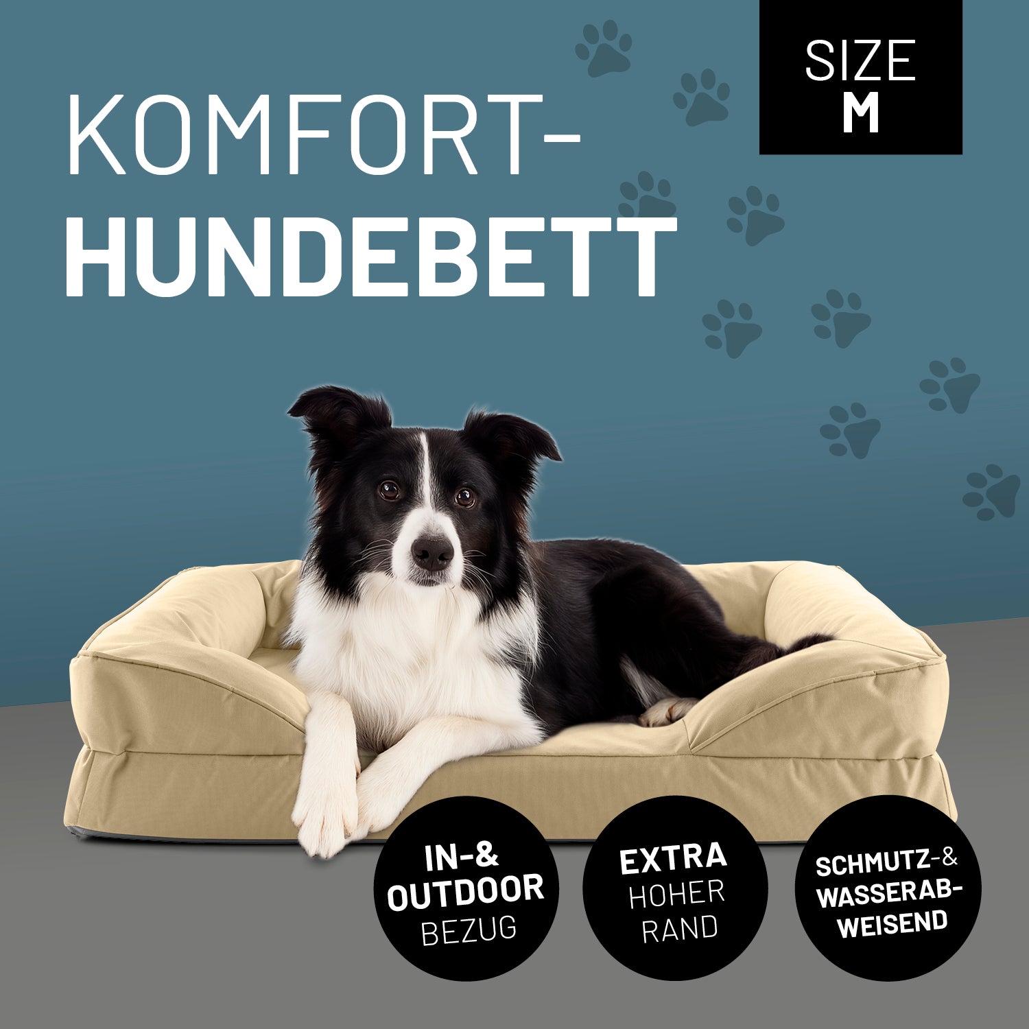 Ein Border Collie liegt im beigen Komfort-Hundebett Größe M. Icon "In- & Outdoor Bezug", "Extrahoher Rand" und "Schmutz- & Wasserabweisend".
