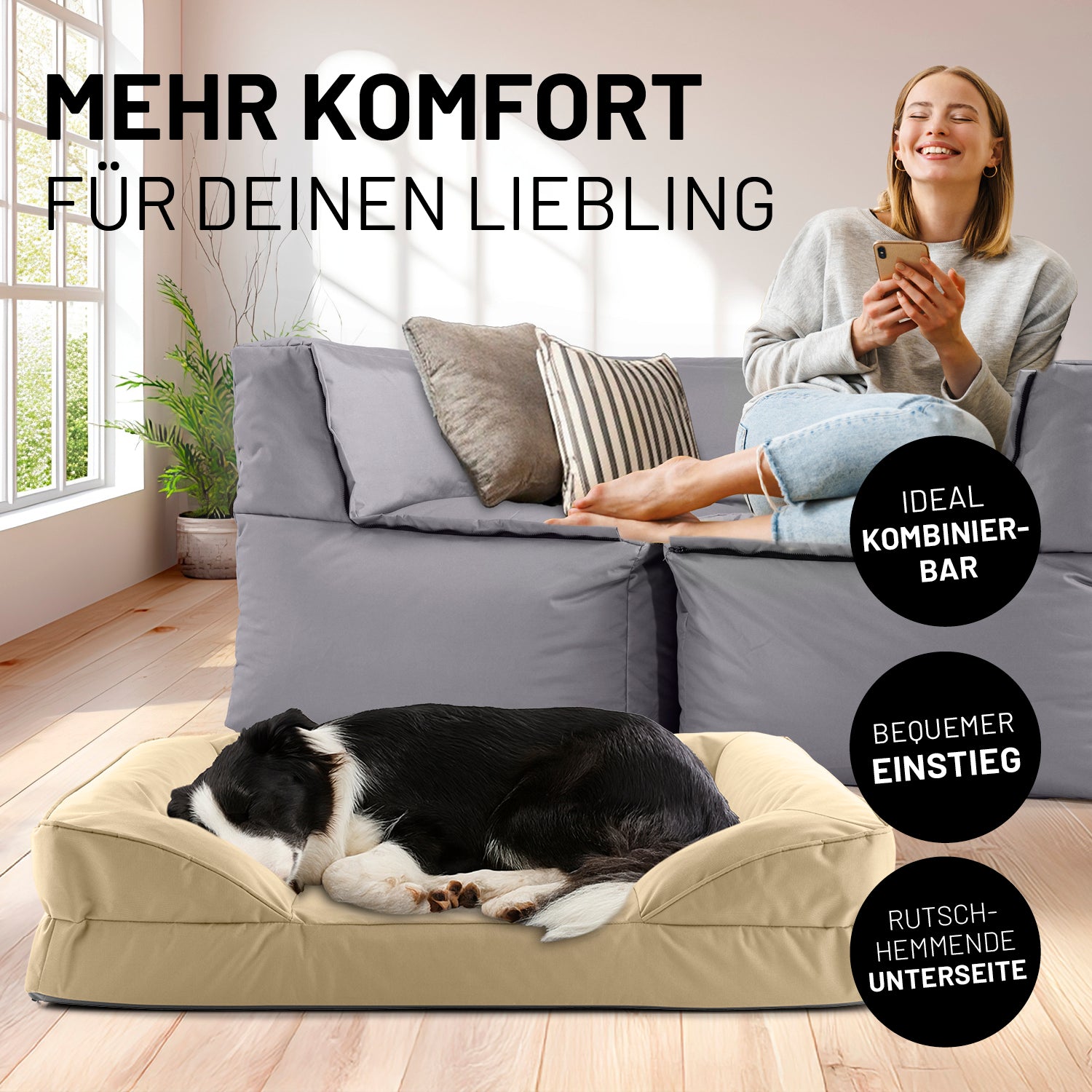 Frau sitzt entspannt auf grauen Modularen System, während der Hund im beigen Hundebett liegt. Icons "Ideal kombinierbar", "Bequemer Einstieg" und "Rutschhemmende Unterseite".