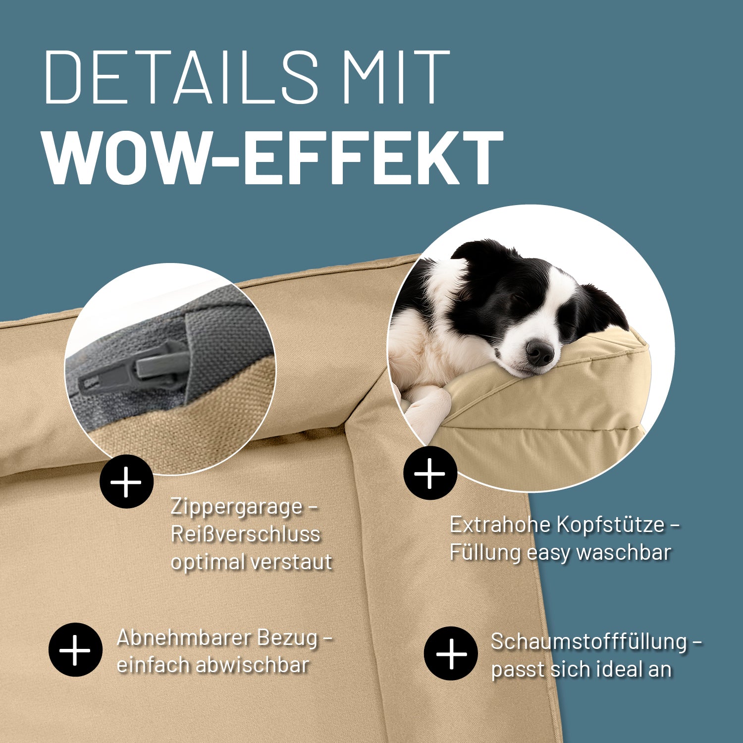 Detailaufnahme des beigen Hundebetts mit Outdoor-Bezug. Info zu "Zippergarage", "abnehmbarer Bezug", "extra hoher Kopfstütze" und "anpassungsfähiger Schaumstofffüllung".