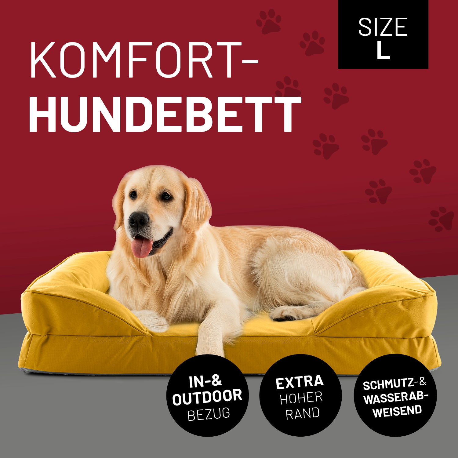 Golden Retriever liegt in senfgelben LUMALAND Hundebett mit weichem Outdoor-Bezug, Vorderpfoten über die Kante gelegt, Blick aufmerksam nach vorne.