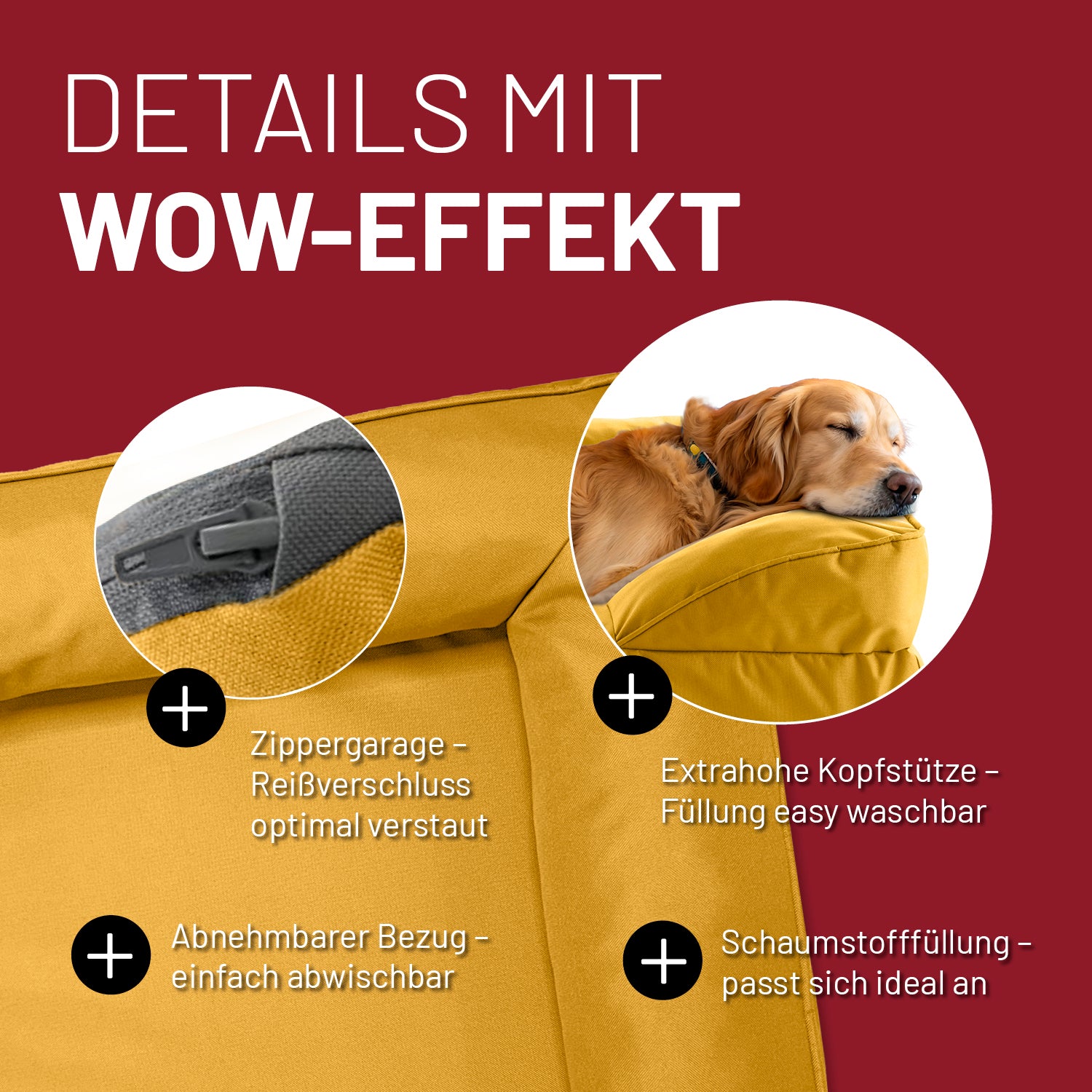 Detailaufnahme des senfgelben Hundebetts mit Outdoor-Bezug. Info zu "Zippergarage", "abnehmbarer Bezug", "extra hoher Kopfstütze" und "anpassungsfähiger Schaumstofffüllung".