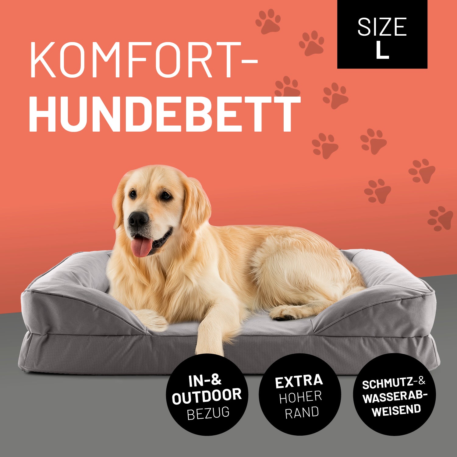 Ein Golden Retriever liegt im grauen Komfort-Hundebett Größe L. Icon "In- & Outdoor Bezug", "Extrahoher Rand" und "Schmutz- & Wasserabweisend".
