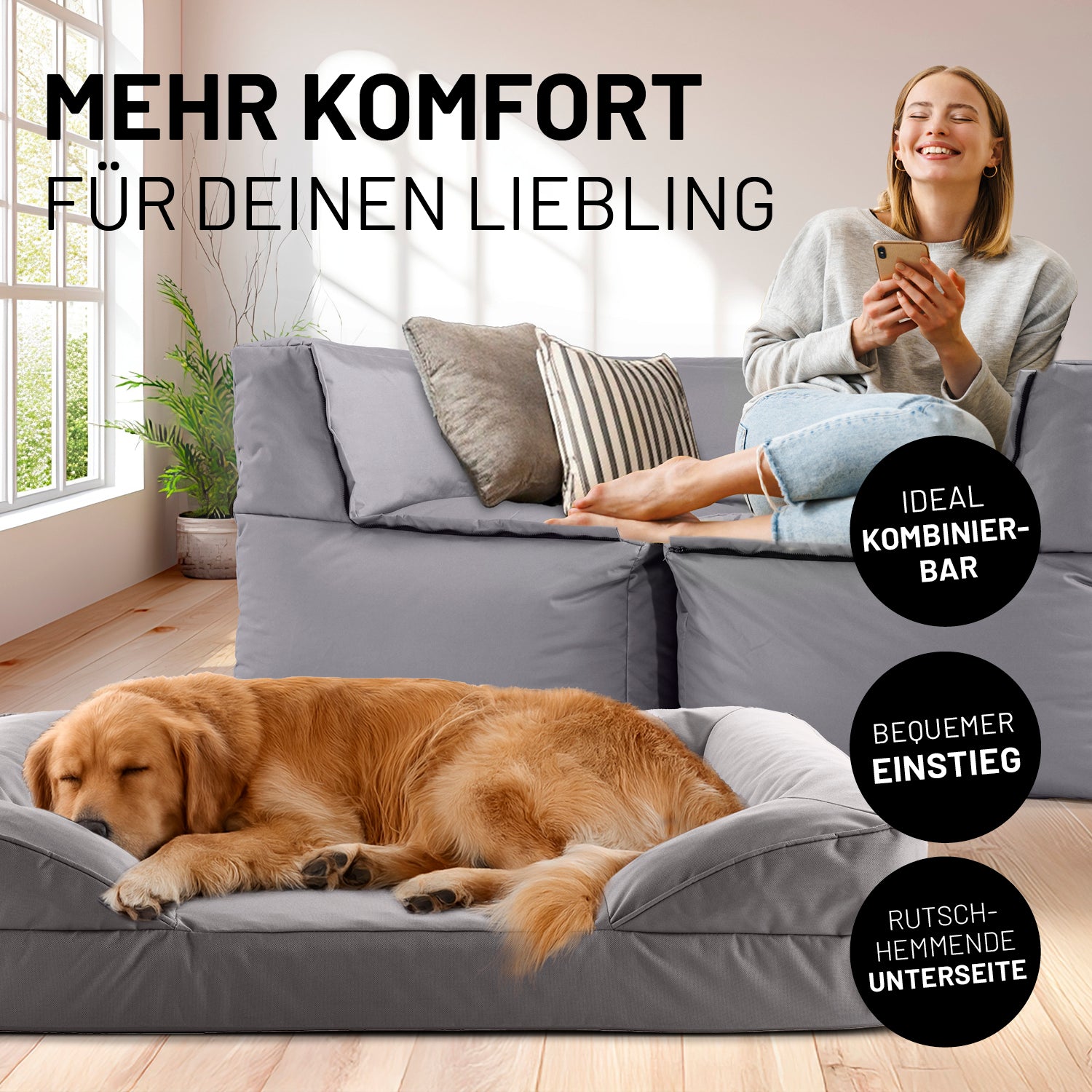 Frau sitzt entspannt auf grauen Modularen System, während der Hund im grauen Hundebett liegt. Icons "Ideal kombinierbar", "Bequemer Einstieg" und "Rutschhemmende Unterseite".