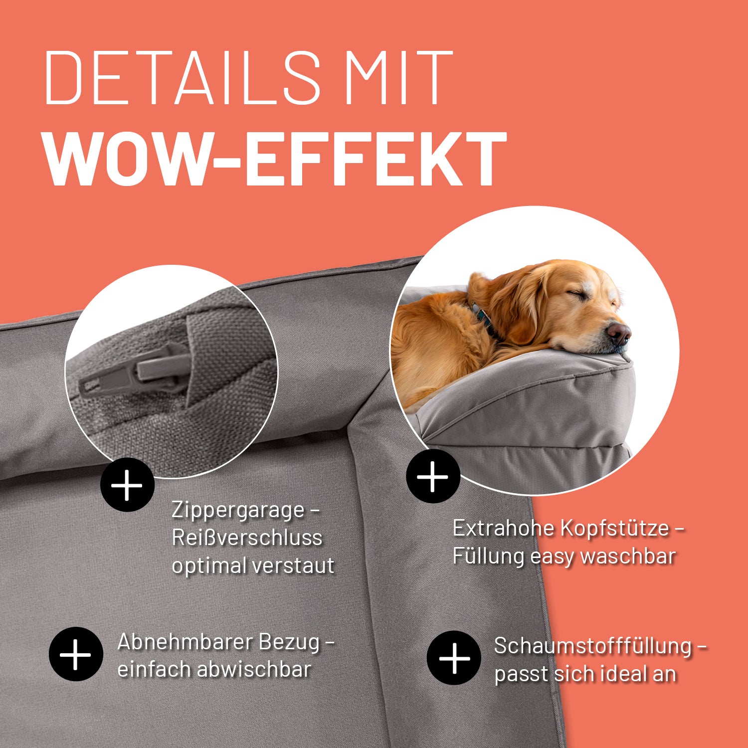 Detailaufnahme des grauen Hundebetts mit Outdoor-Bezug. Info zu "Zippergarage", "abnehmbarer Bezug", "extra hoher Kopfstütze" und "anpassungsfähiger Schaumstofffüllung".