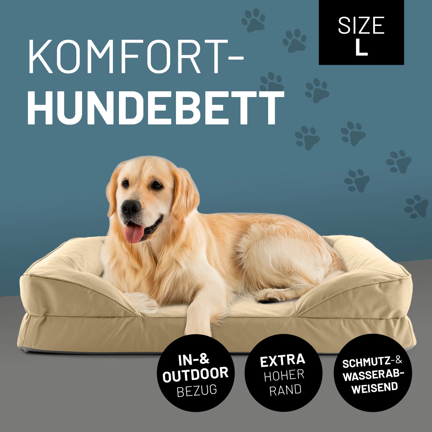 Golden Retriever liegt in beigen LUMALAND Hundebett mit weichem Outdoor-Bezug, Vorderpfoten über die Kante gelegt, Blick aufmerksam nach vorne.