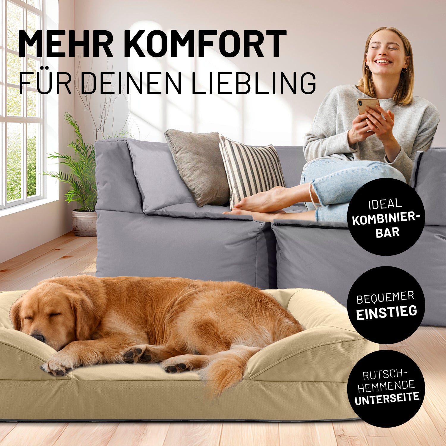 Frau sitzt entspannt auf grauen Modularen System, während der Hund im beigen Hundebett liegt. Icons "Ideal kombinierbar", "Bequemer Einstieg" und "Rutschhemmende Unterseite".