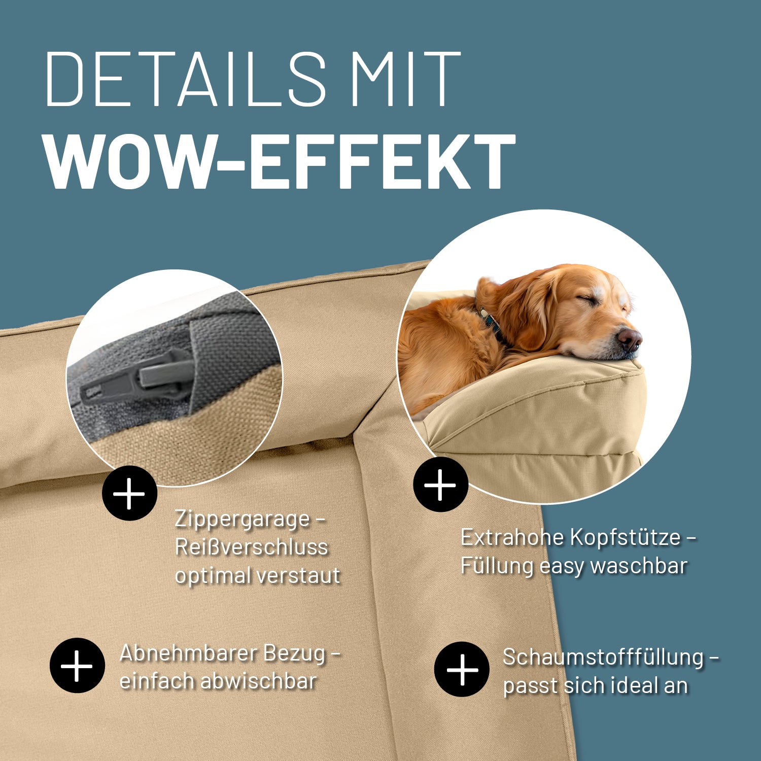 Detailaufnahme des beigen Hundebetts mit Outdoor-Bezug. Info zu "Zippergarage", "abnehmbarer Bezug", "extra hoher Kopfstütze" und "anpassungsfähiger Schaumstofffüllung".
