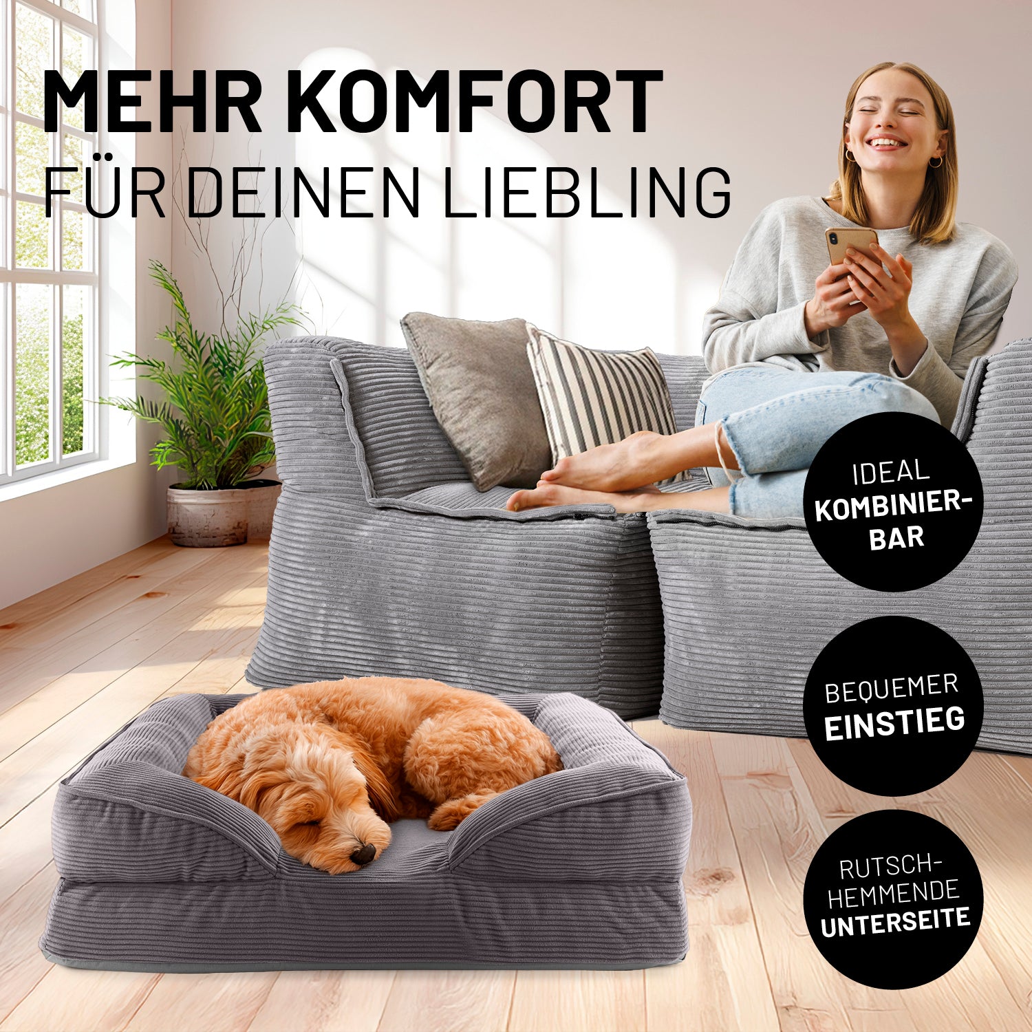 Frau sitzt entspannt auf grauen Modularen System Cord, während der Hund im passenden grauen Hundebett Cord liegt. Icons "Ideal kombinierbar", "Bequemer Einstieg" und "Rutschhemmende Unterseite".