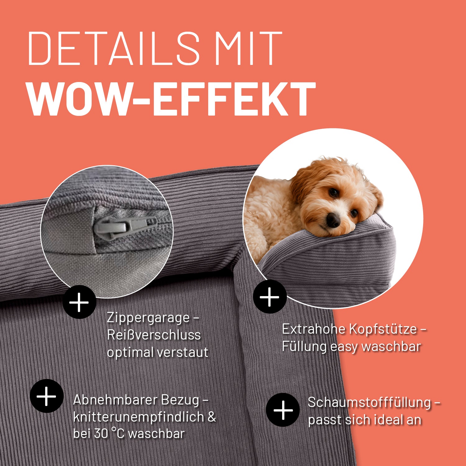 Detailaufnahme des grauen Hundebetts mit Cord-Bezug. Info zu "Zippergarage", "abnehmbarer Bezug", "extra hoher Kopfstütze" und "anpassungsfähiger Schaumstofffüllung".
