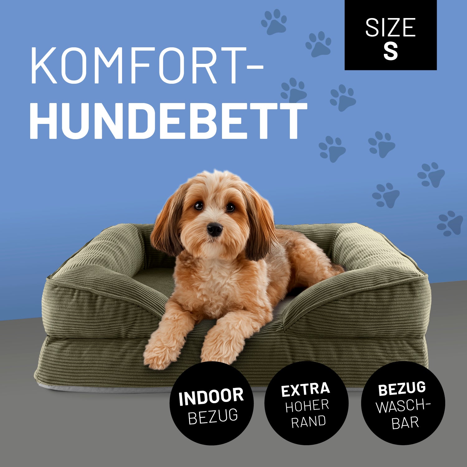 Ein kleiner Hund liegt im olivegrünen Komfort-Hundebett Größe S. Icon "Indoor Bezug", "Extrahoher Rand" und "Bezug waschbar".